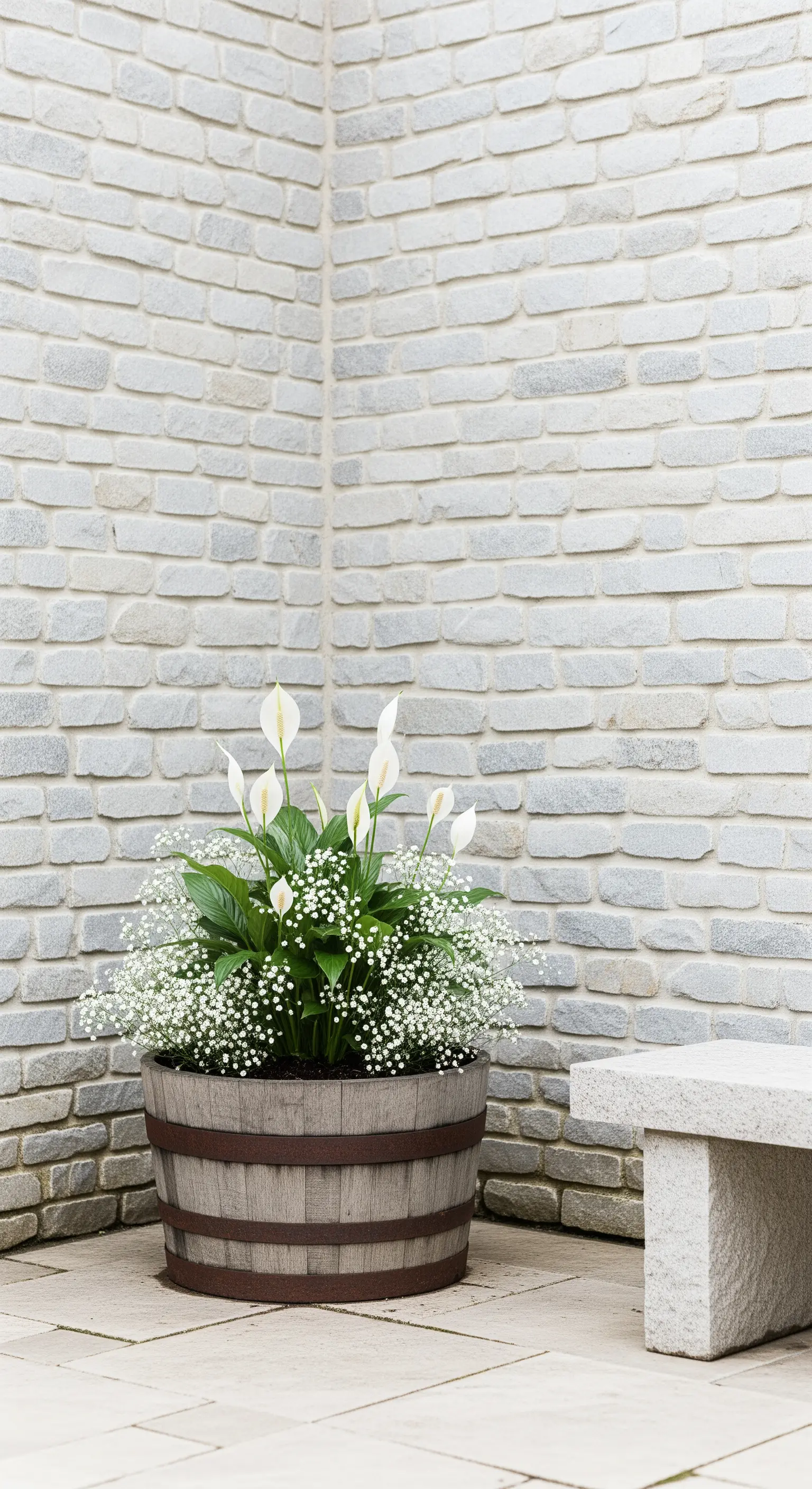 Angolo minimalista con fioriera a botte contenente spatifillo e gypsophila bianca.