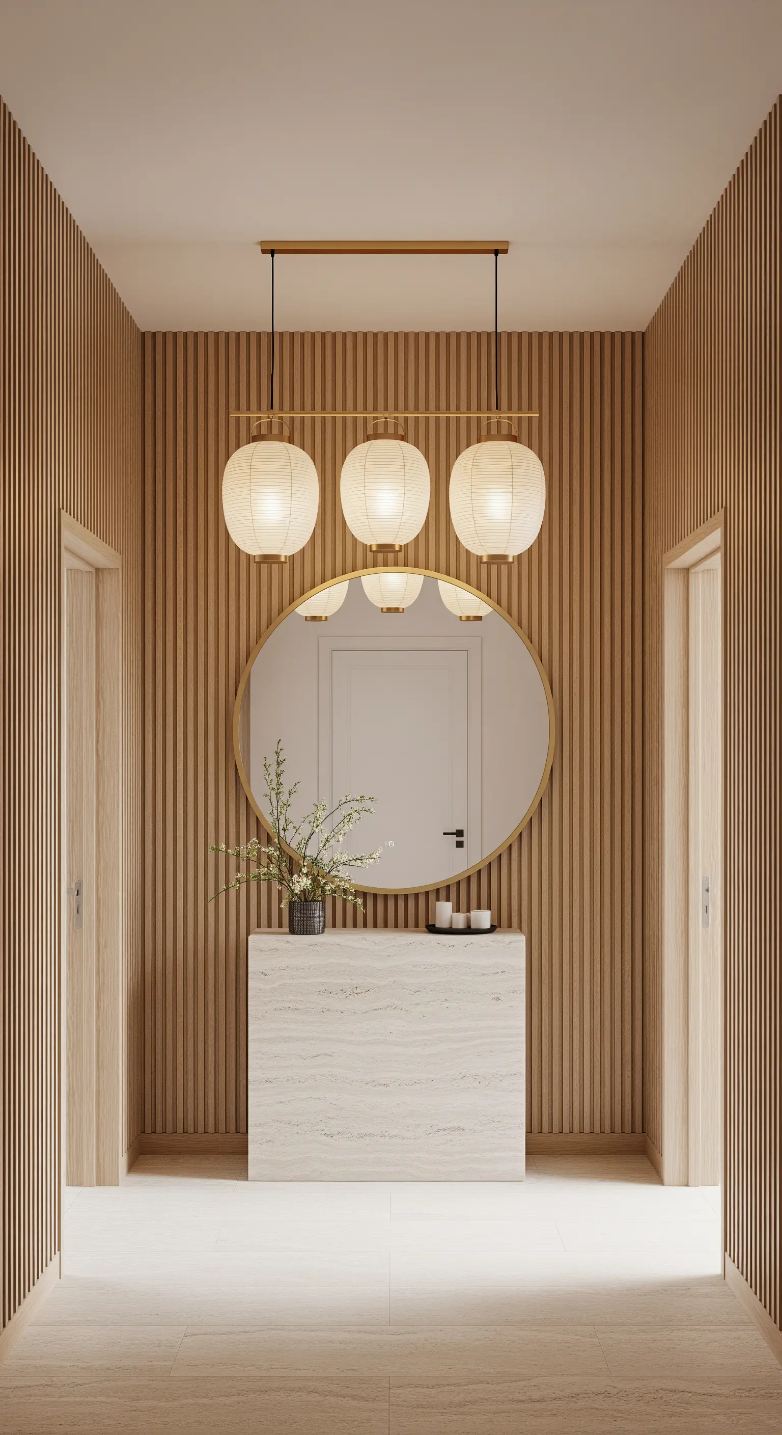 Ingresso in stile Japandi con pareti a listelli di legno, specchio ovale e luci a lanterna.