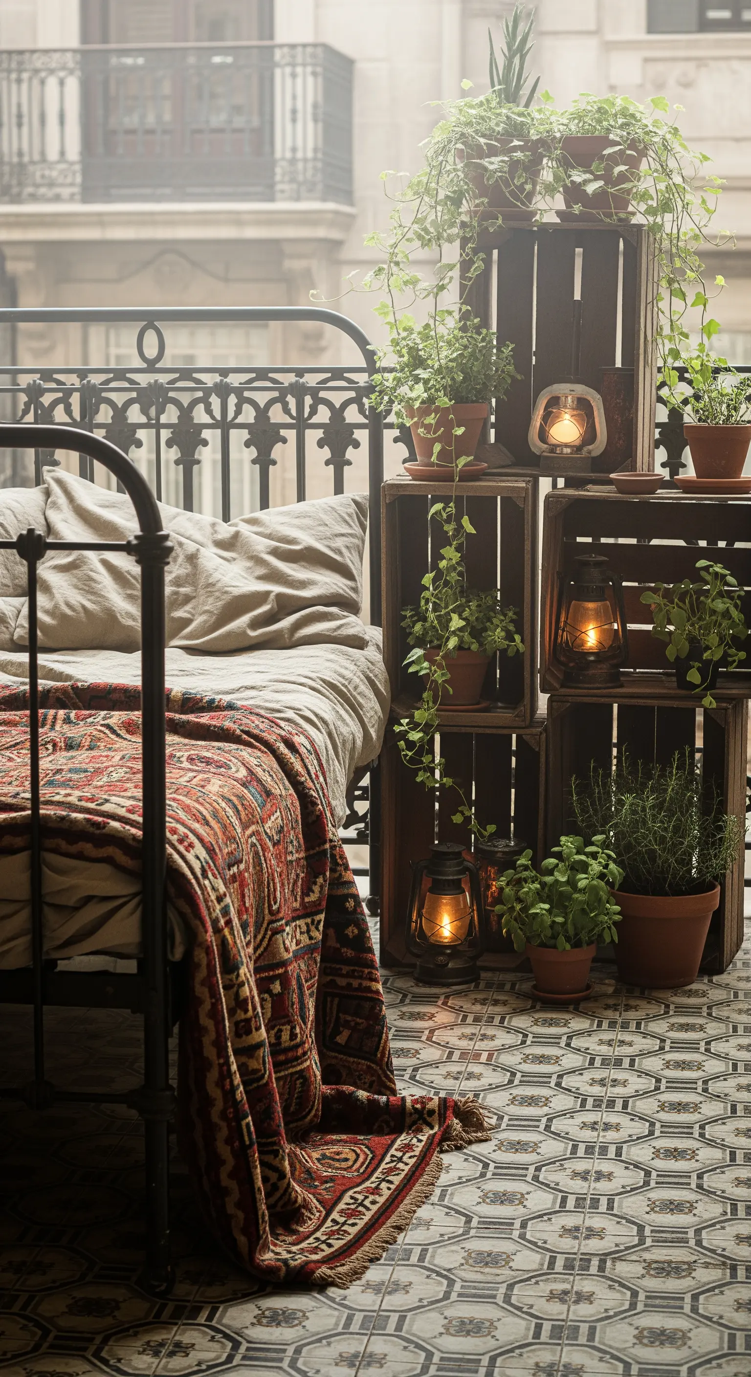 Letto in ferro battuto su un balcone con pavimento decorato e cassette di legno come comodini.