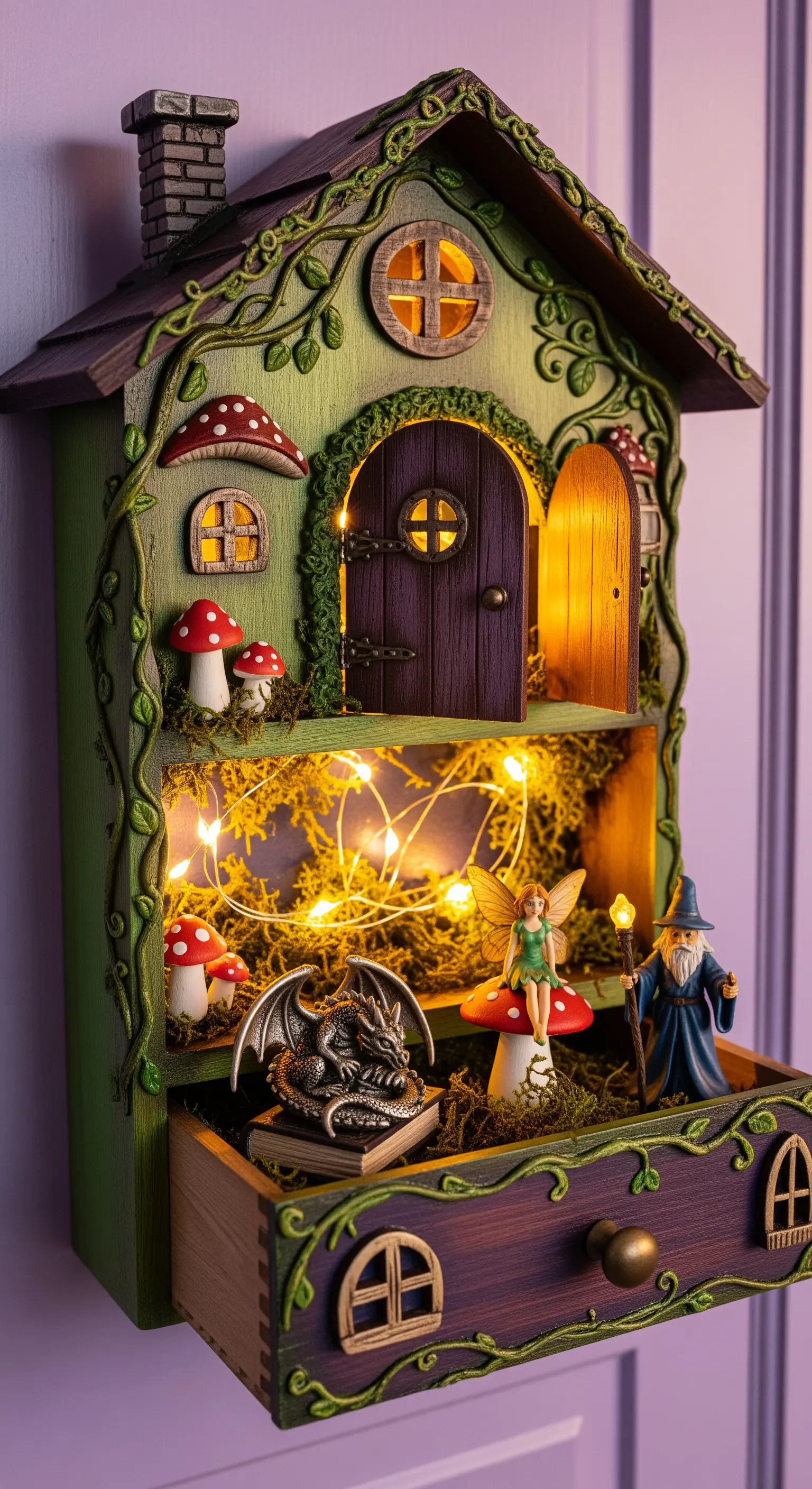 Cassetto trasformato in una casa delle fate illuminata, con miniature di draghi, funghi e fatine.