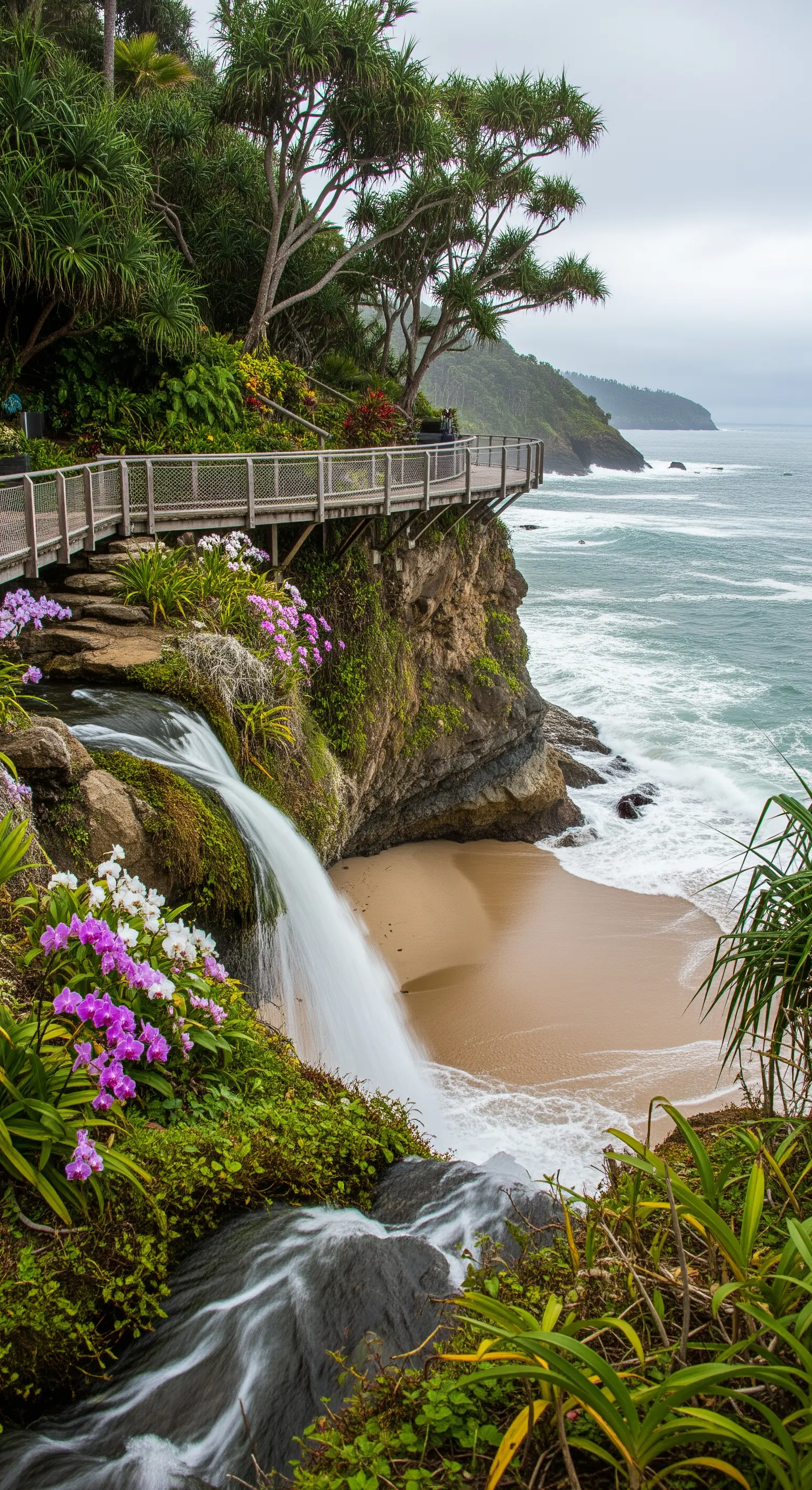 Cascata che dalla scogliera si getta sulla spiaggia, con passerella in legno e orchidee viola.