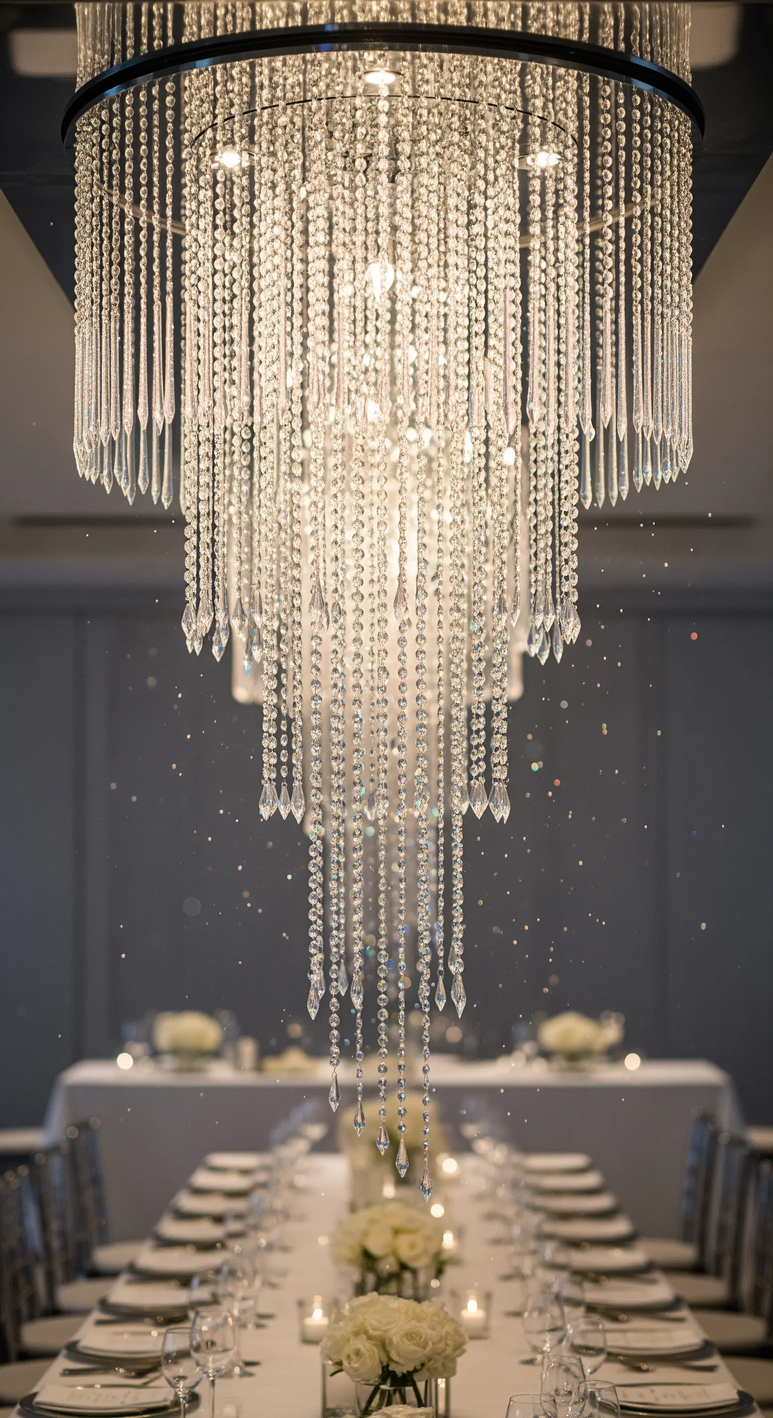 Grande lampadario a cascata di cristalli sopra un lungo tavolo da ricevimento.