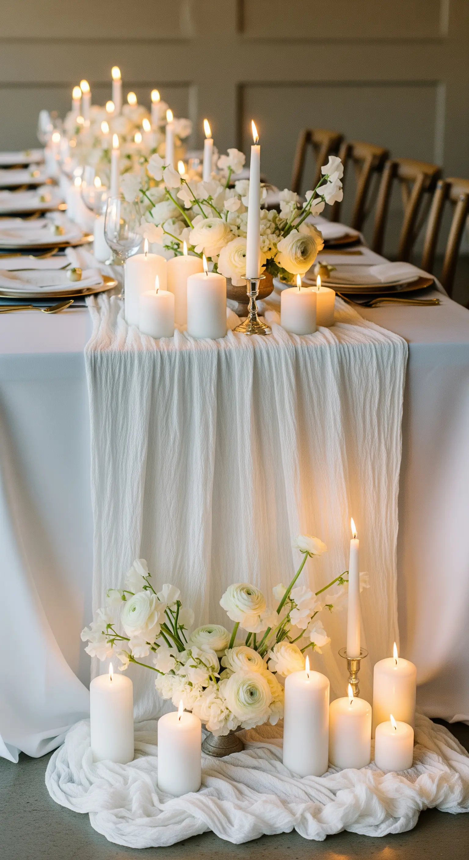 Runner bianco drappeggiato fino a terra con una cascata di candele e fiori bianchi.