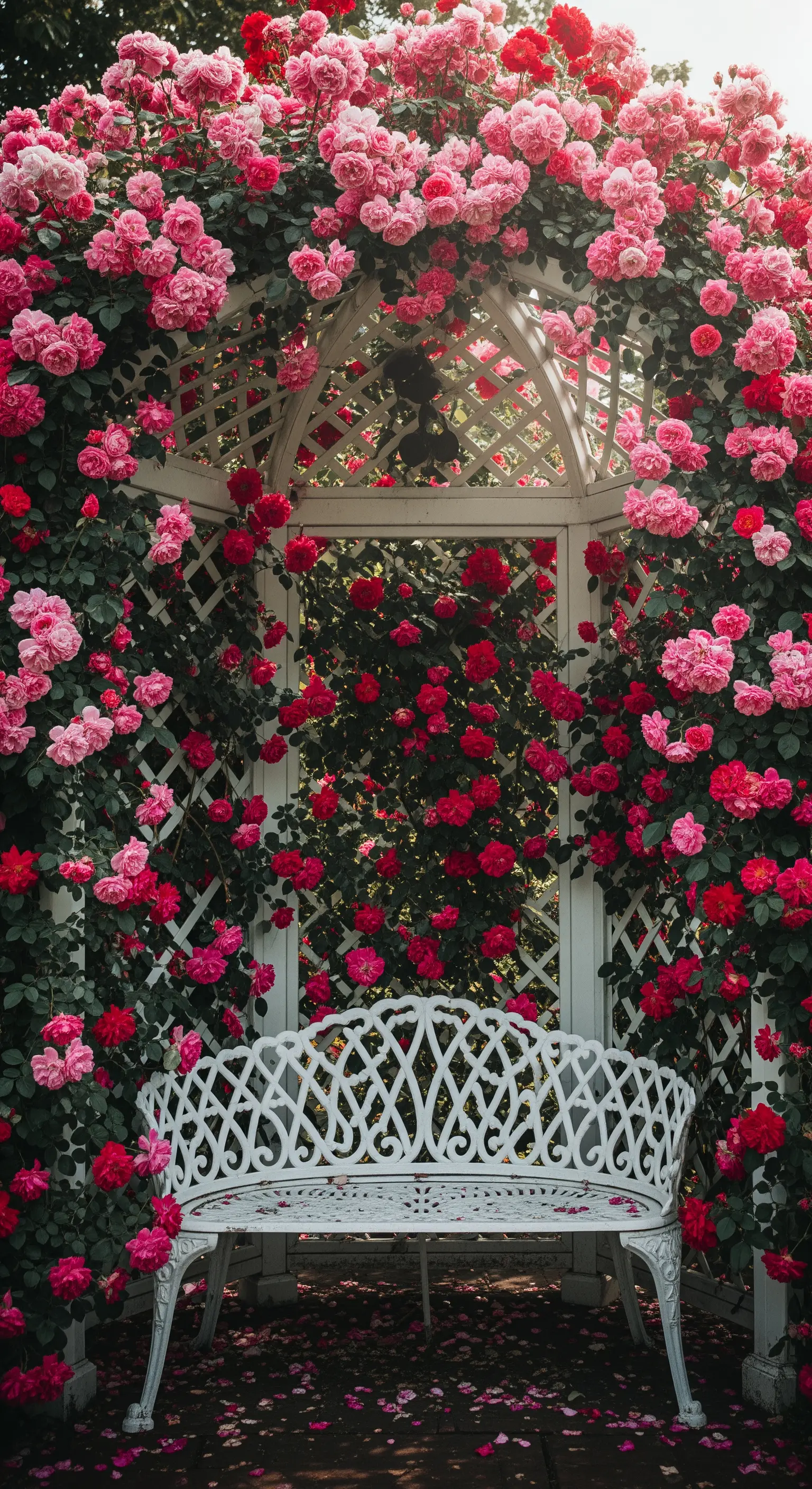 Panchina bianca in un gazebo sommerso da una cascata di rose rampicanti rosa e rosse.