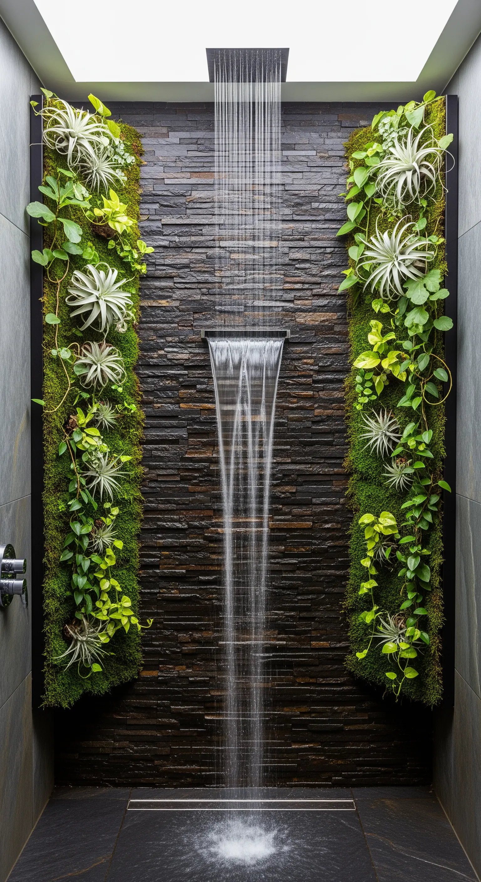 Doccia a cascata con parete in pietra e giardini verticali laterali con piante tropicali.