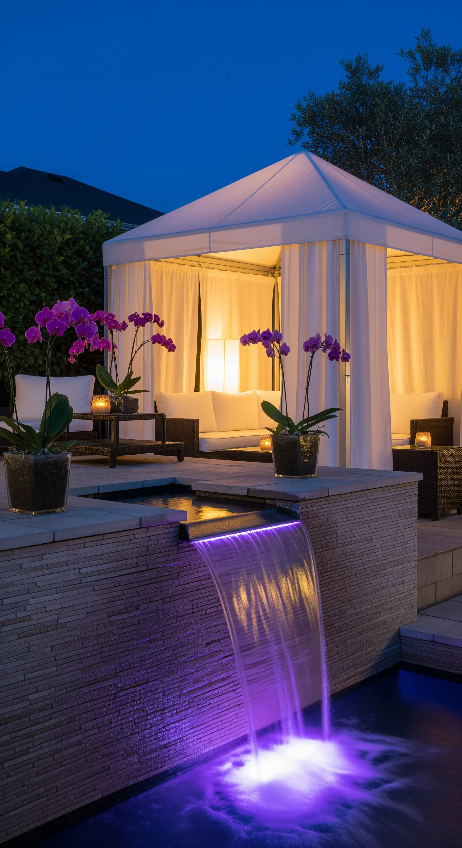 Gazebo bianco con divani, con una piccola cascata illuminata di viola in primo piano.