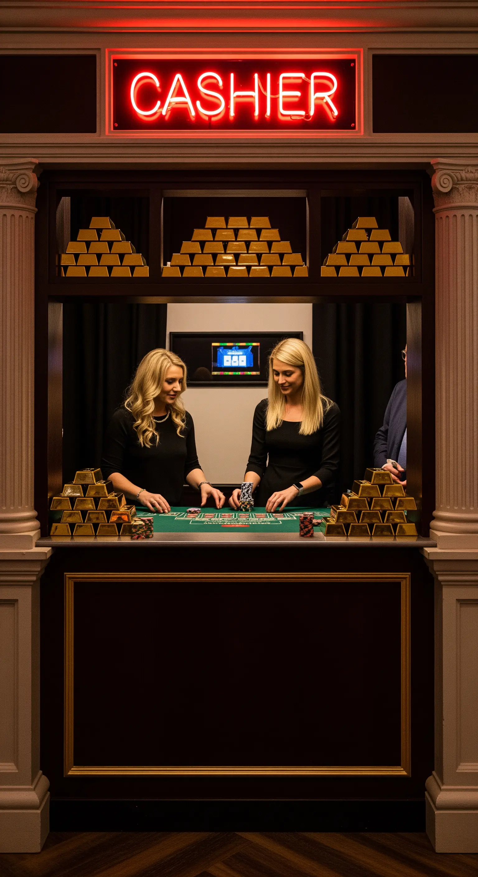 Sportello cassa a tema casinò con insegna al neon e pile di lingotti d'oro finti.