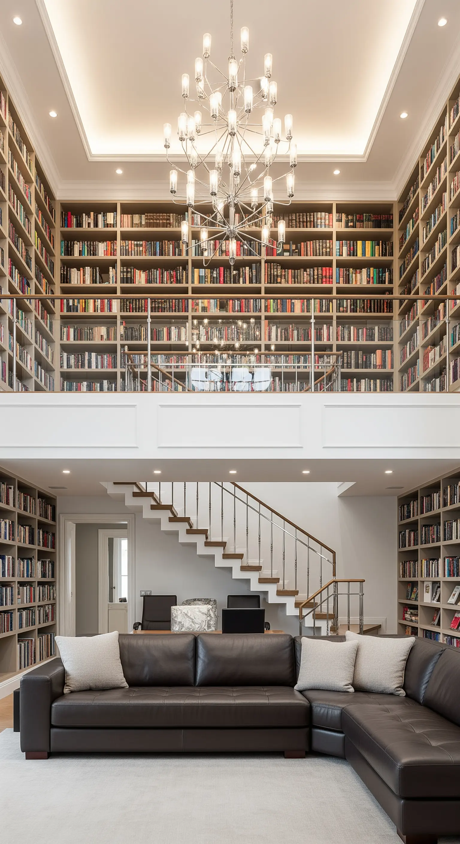 Immensa libreria su più piani con soppalco in un salotto a doppia altezza.