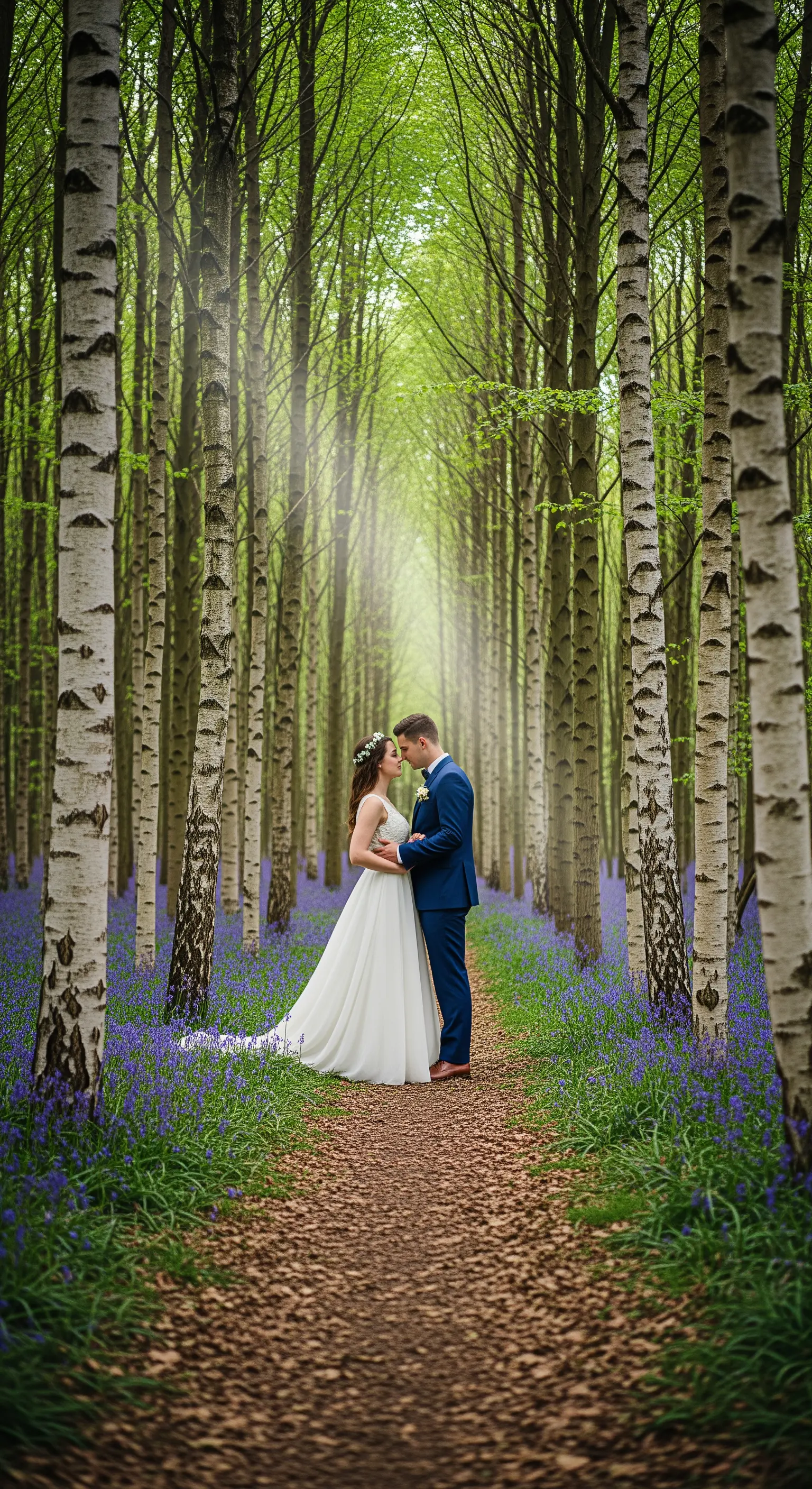 Coppia di sposi in un bosco di betulle, su un sentiero delimitato da fiori di campo blu.