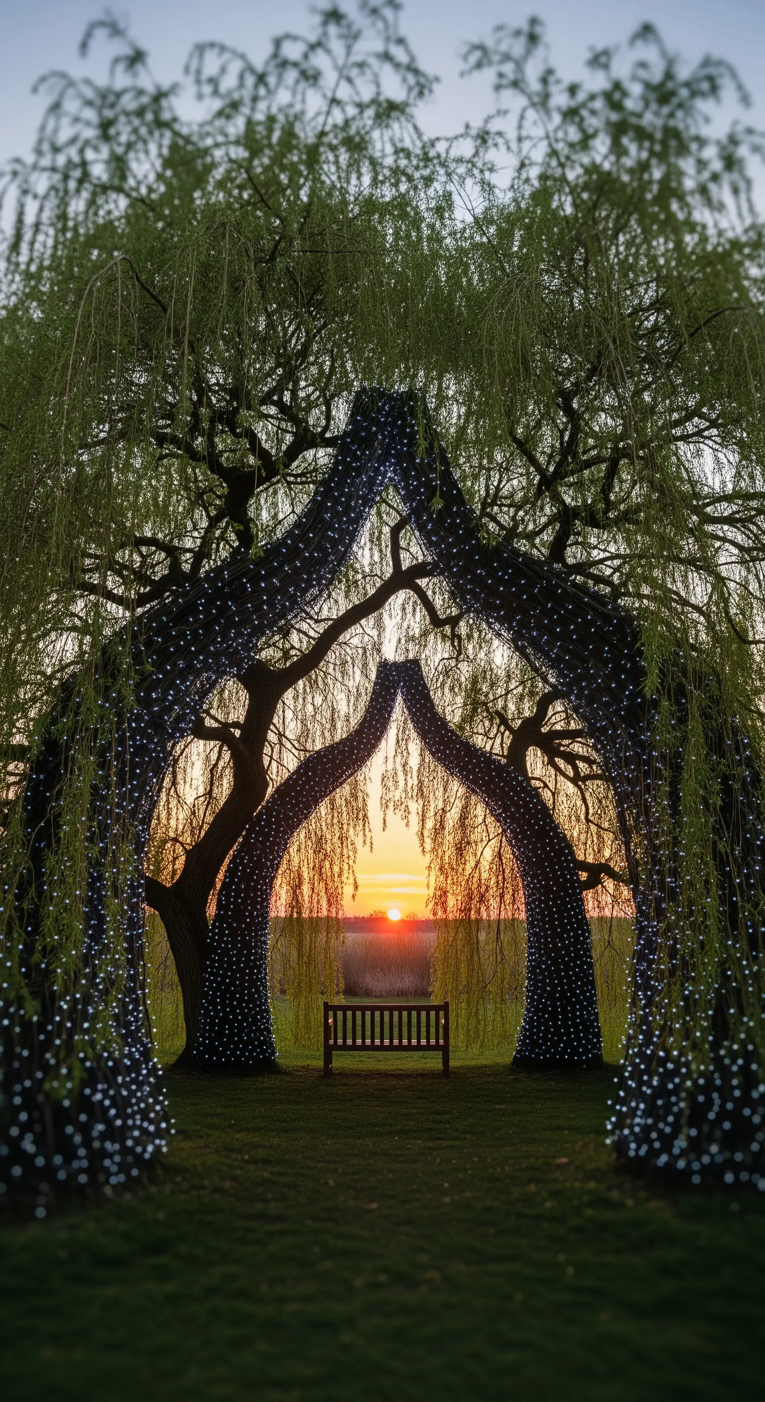 Arco formato da due alberi intrecciati e coperti di lucine, che incorniciano una panchina e il sole al tramonto.