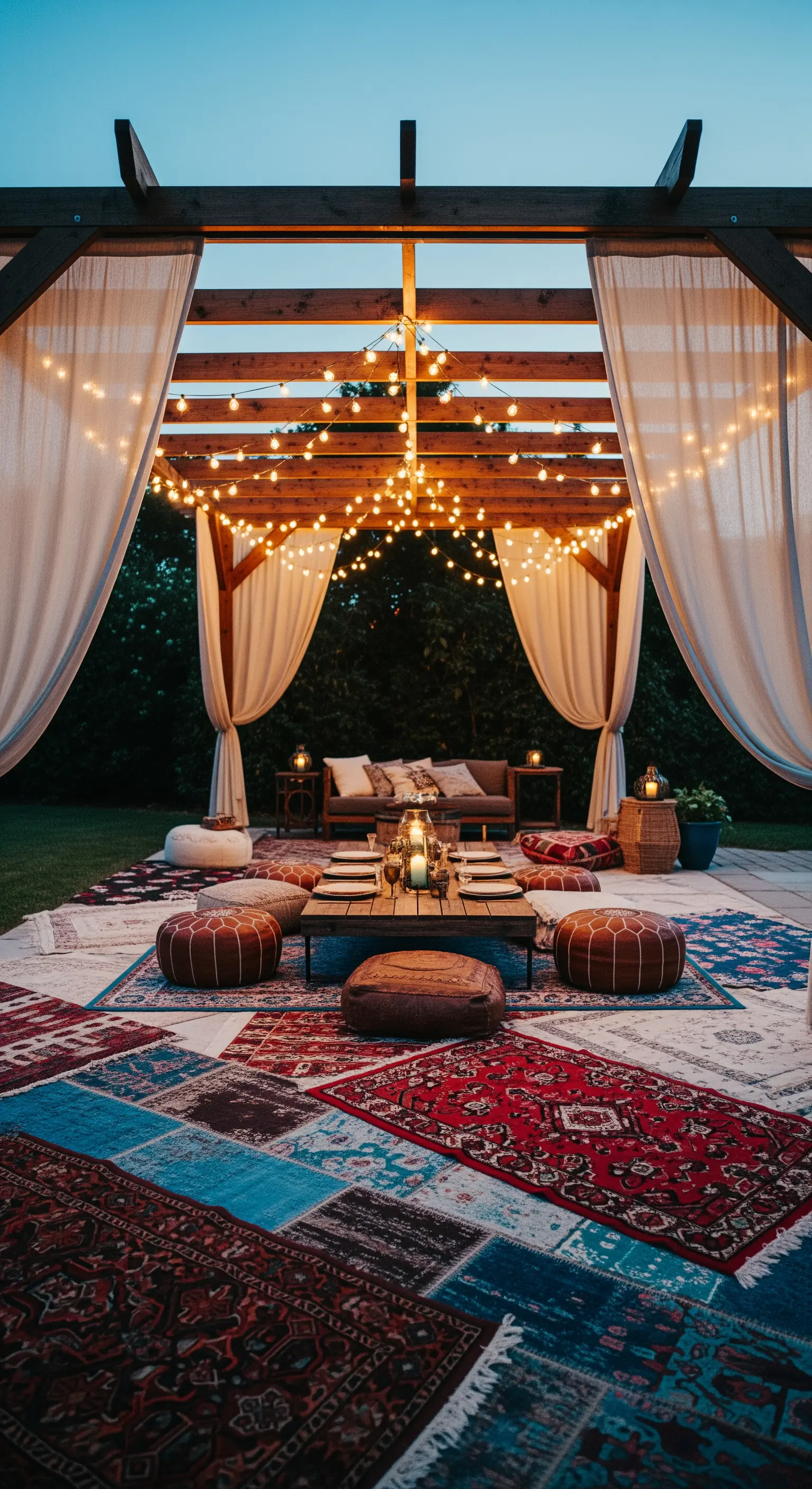 Pergola con luci sospese, tappeti patchwork e pouf per una cena bohémien in giardino.