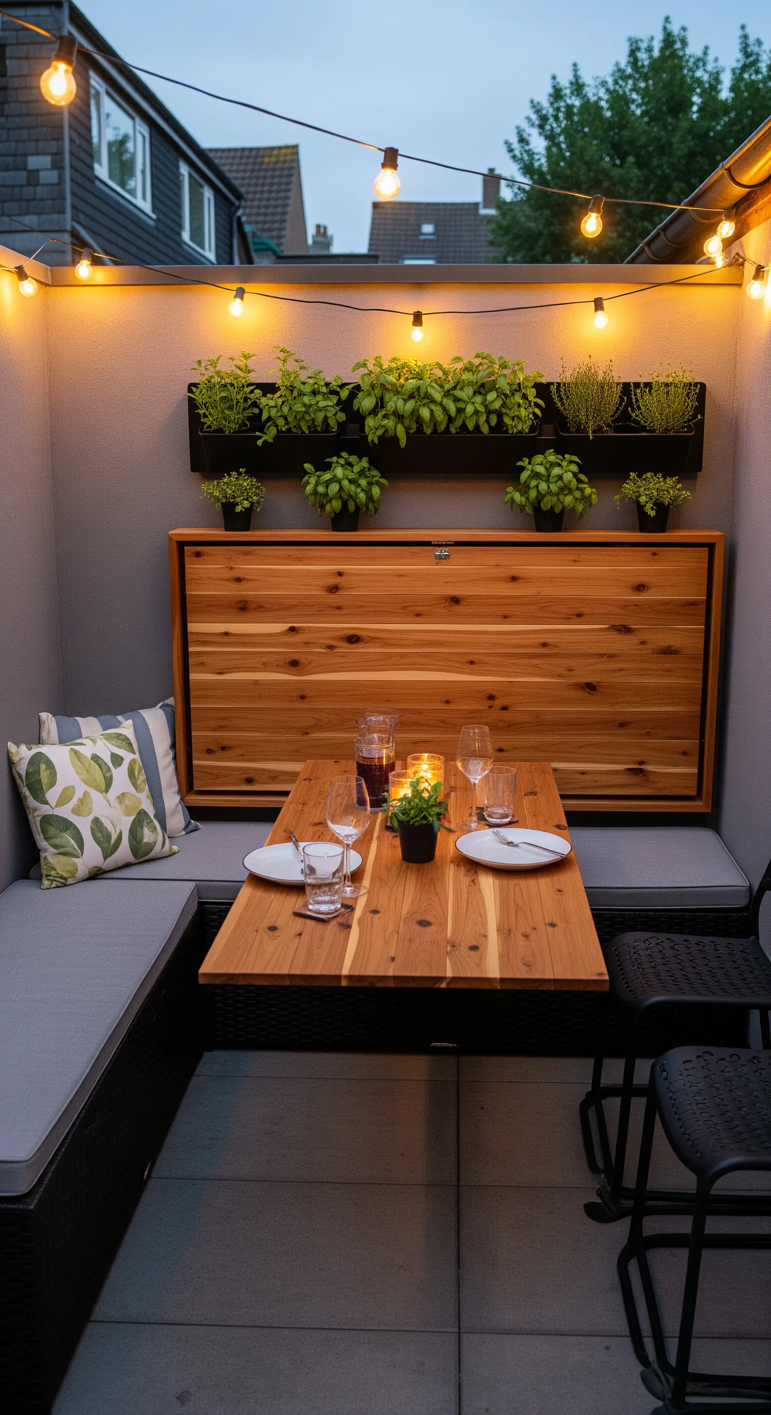 Piccolo patio con tavolo da pranzo in legno a ribalta e panca angolare con cuscini