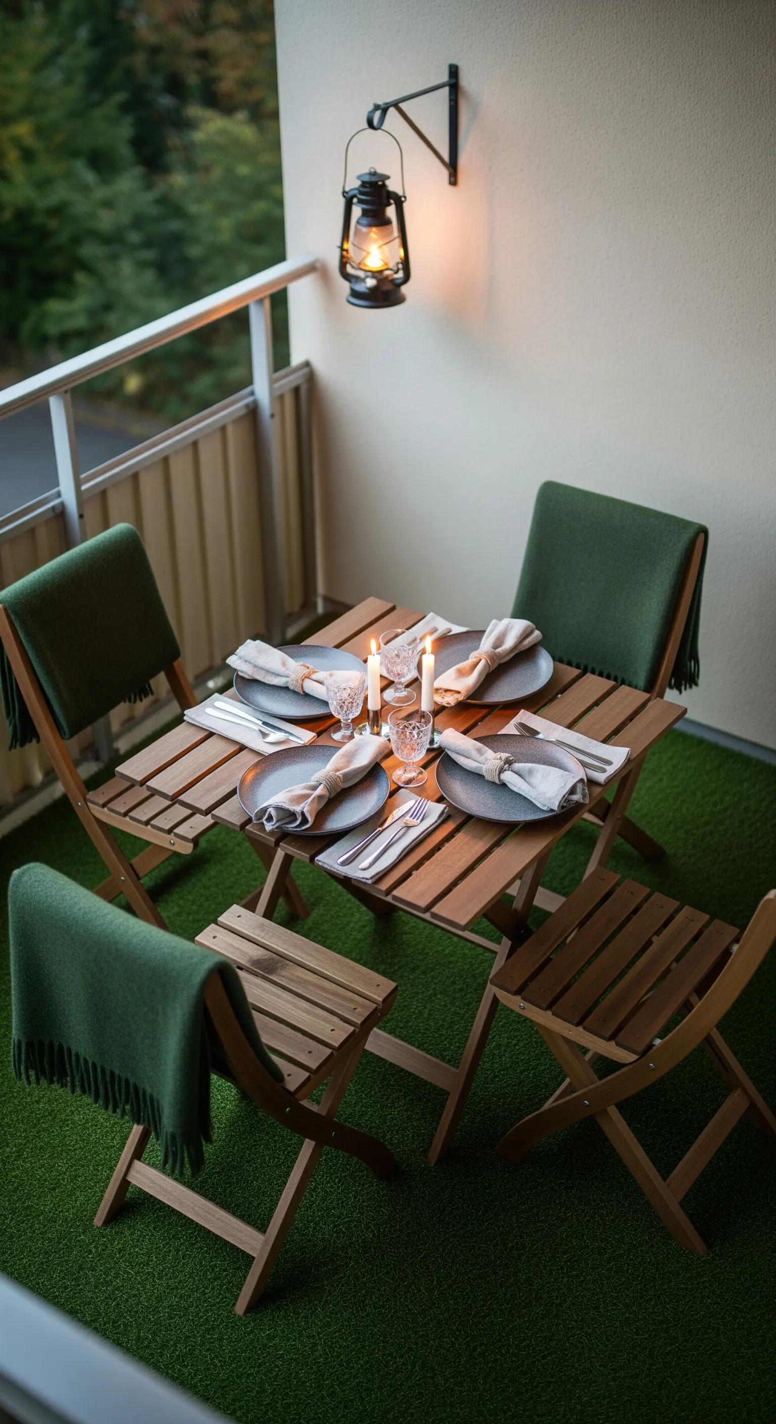 Tavola apparecchiata per cena su un balcone, illuminata da una lanterna a muro.