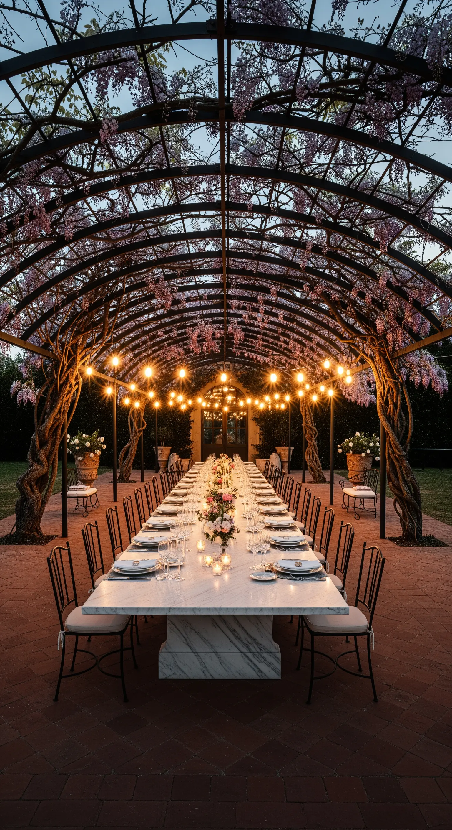 Lungo tavolo in marmo sotto un pergolato fiorito illuminato da catene di luci.
