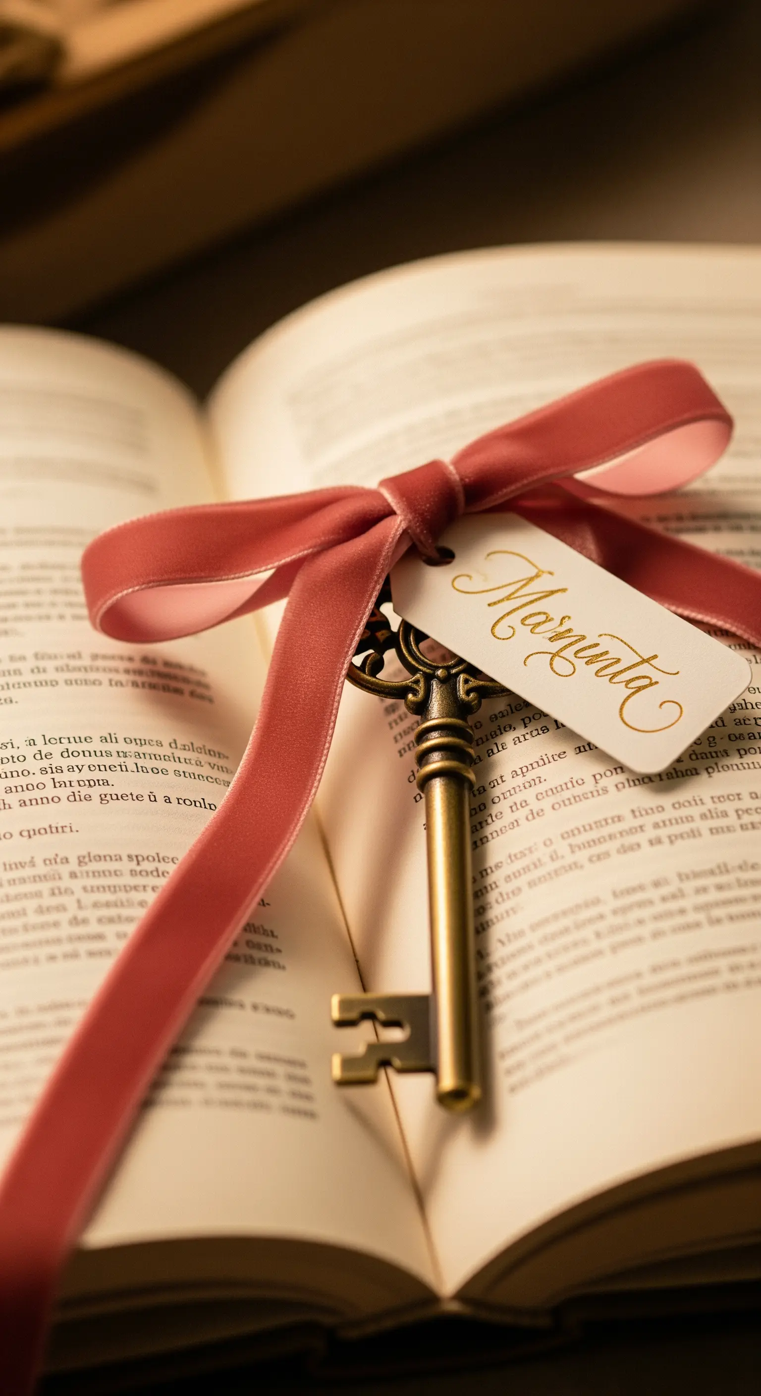 Chiave antica in ottone con un nastro di velluto rosa e un'etichetta con nome, appoggiata su un libro aperto.