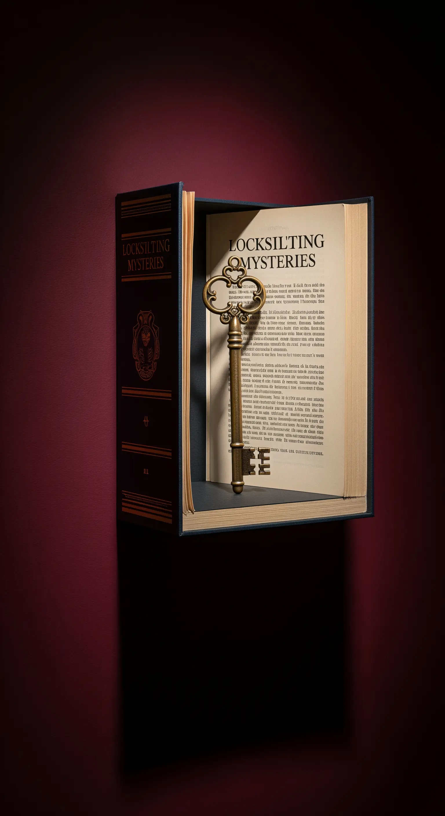Libro-cassaforte aperto che rivela una chiave antica appesa al suo interno, su sfondo scuro.
