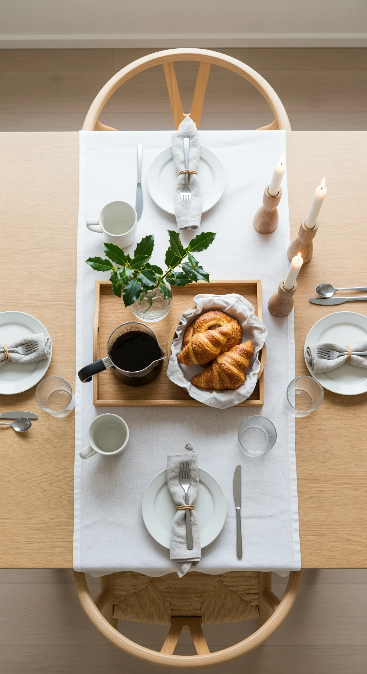 Tavola per la colazione di Natale con croissant, candele e agrifoglio.