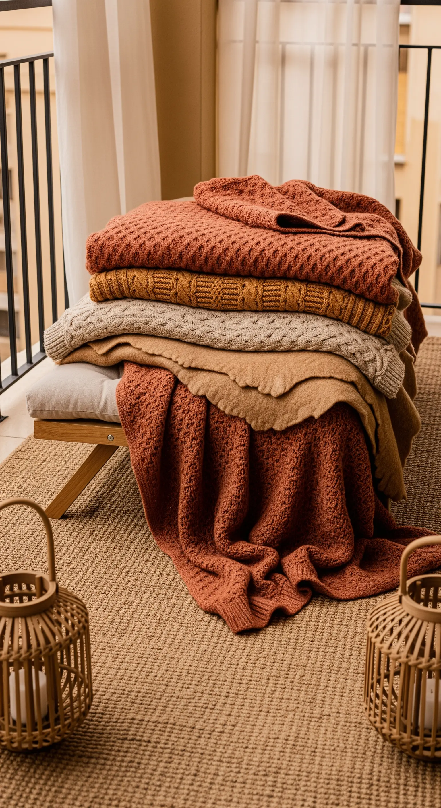 Pila di coperte di lana lavorate a maglia in tonalità terracotta, beige e senape.