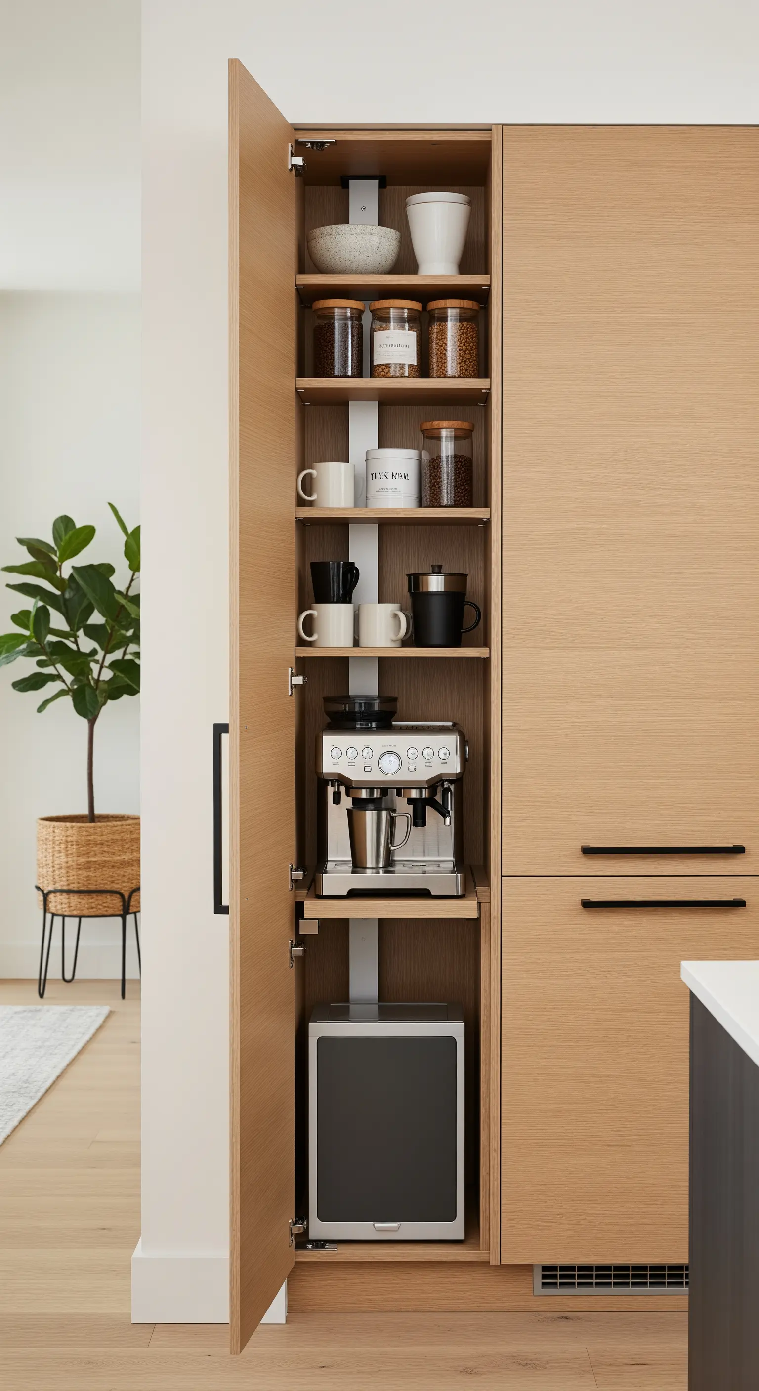 Colonna dispensa in legno aperta che rivela una stazione caffè organizzata.