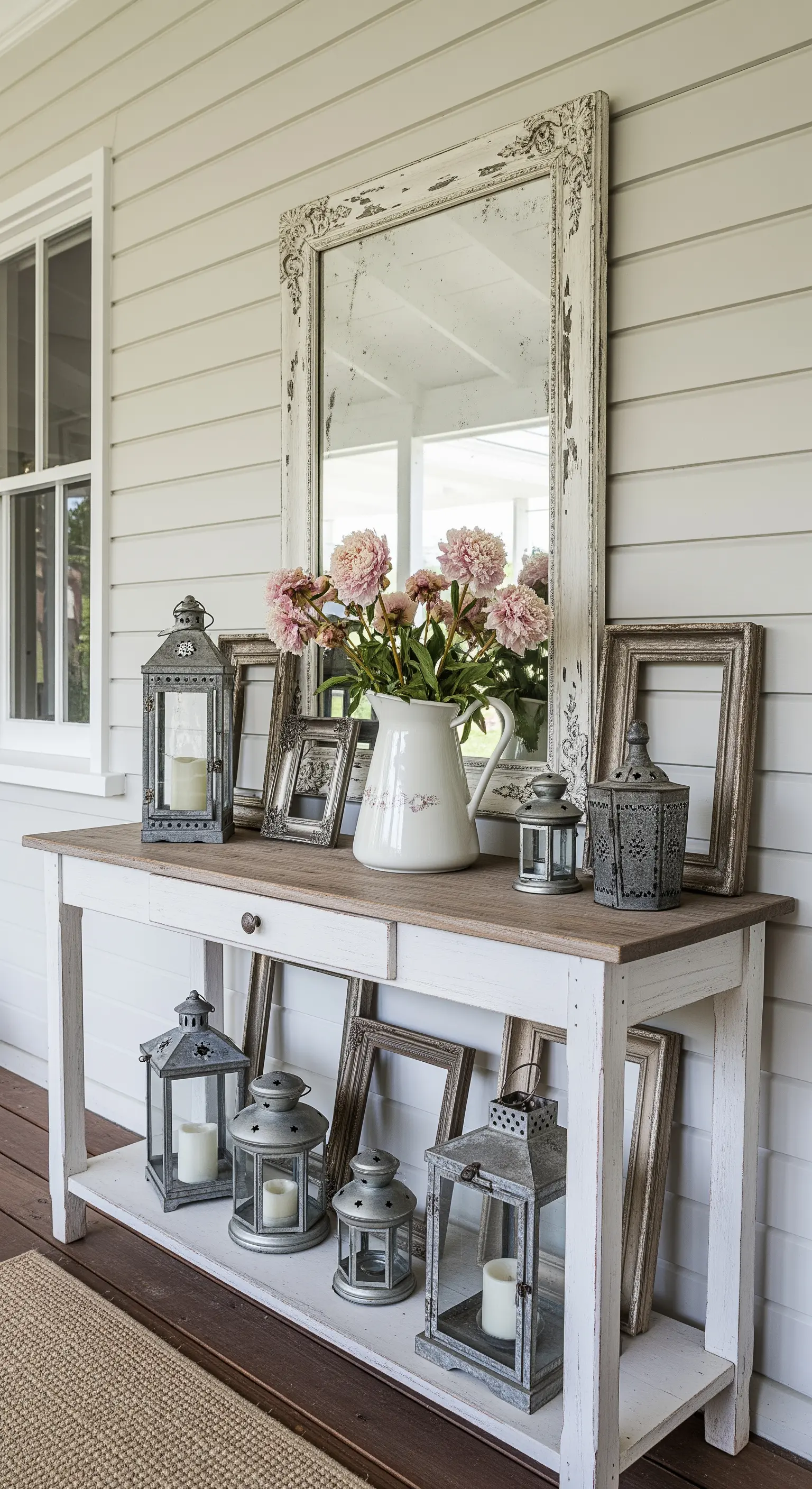 Consolle bianca in veranda con specchio anticato, lanterne e cornici vuote.