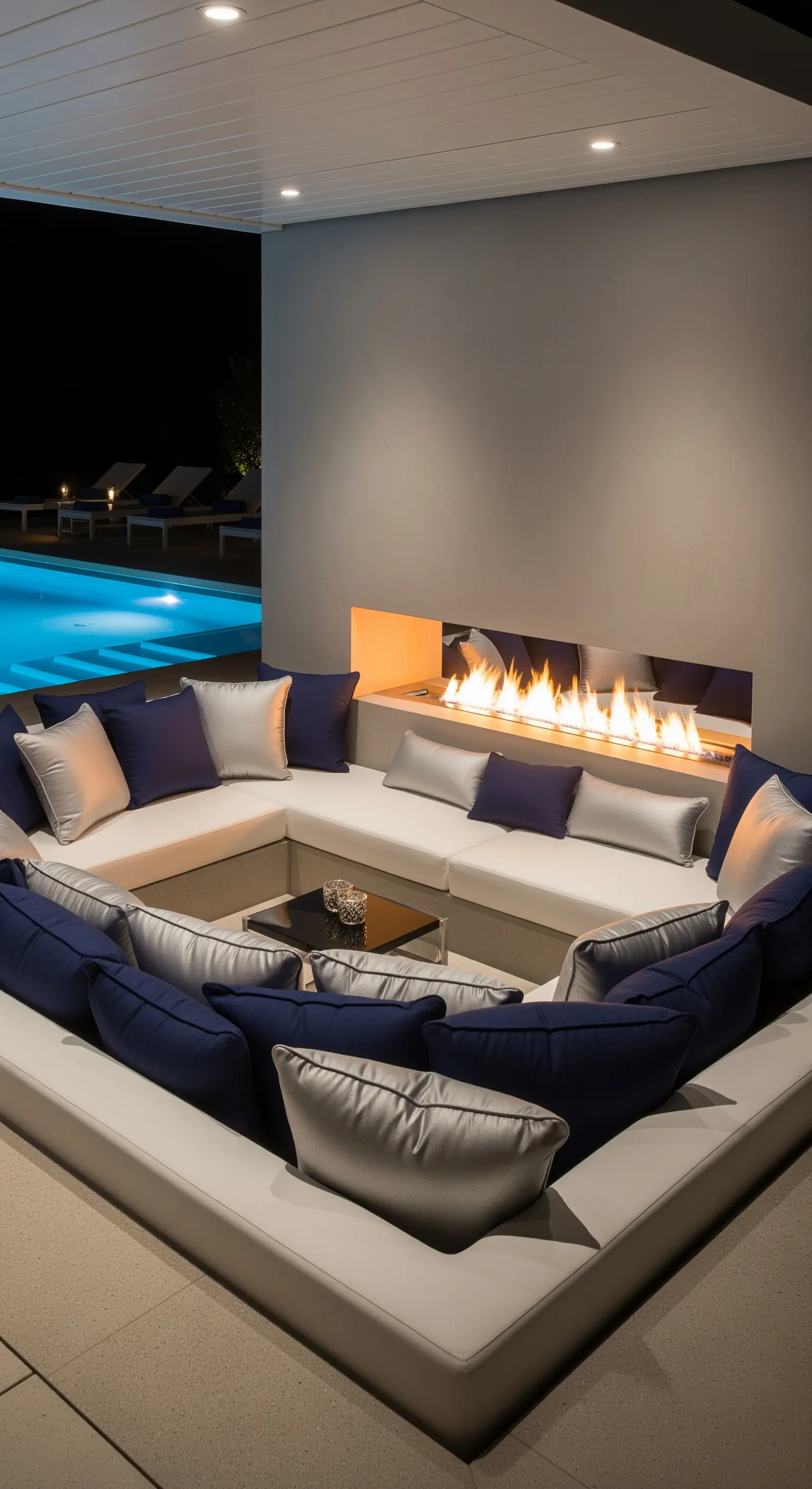 Salotto esterno incassato con divani bianchi, cuscini blu e un camino lineare a parete.