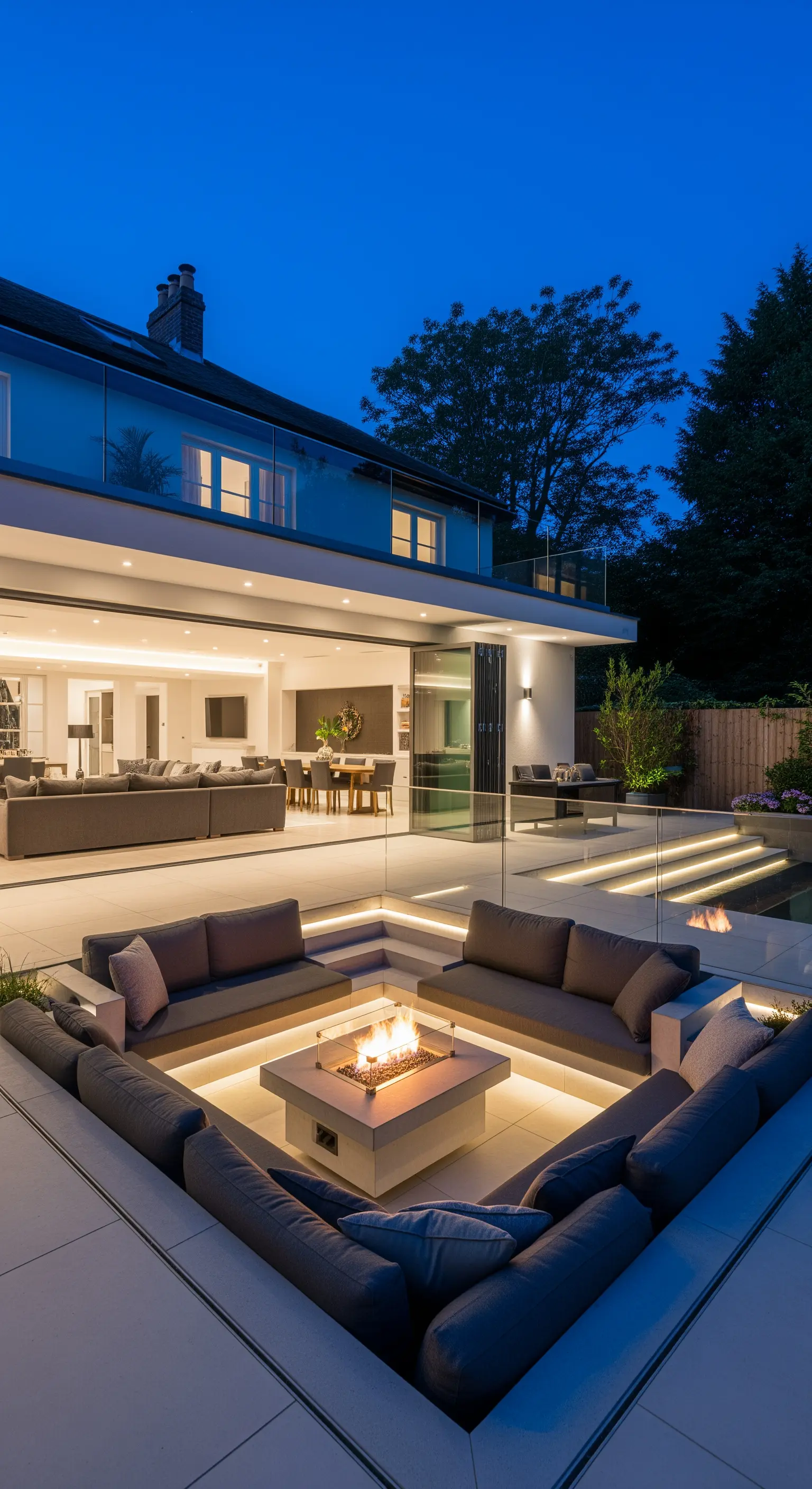 Patio moderno con un salotto incassato, divani grigi, un braciere centrale e luci a LED integrate