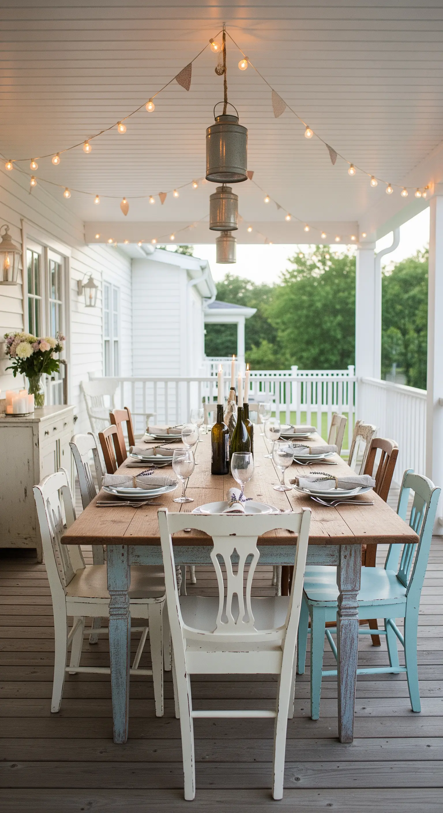 Tavolata all'aperto con sedie spaiate e decapate sotto un filo di lucine calde.