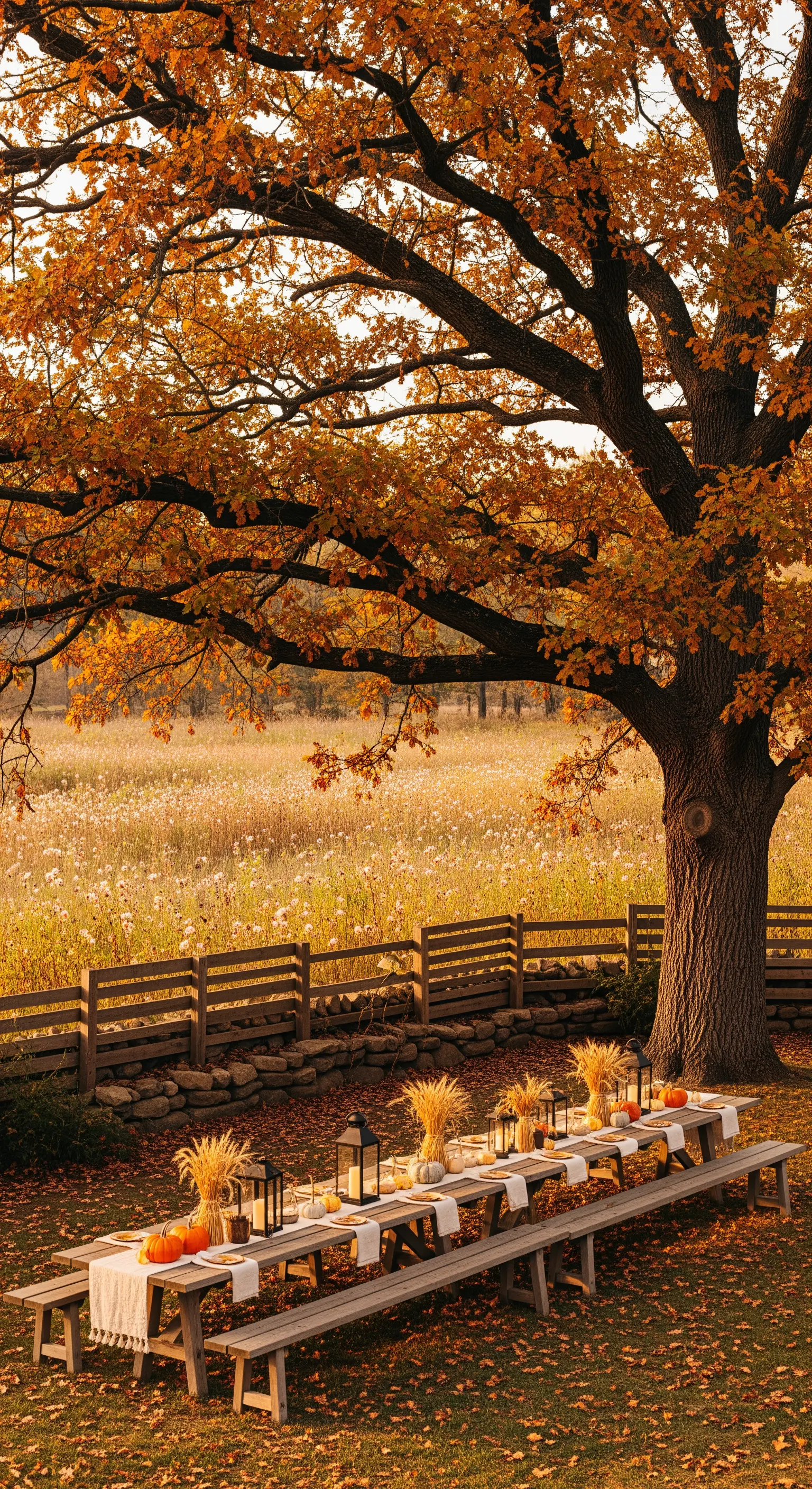 Lunga tavolata composta da più tavoli da picnic sotto un albero autunnale.