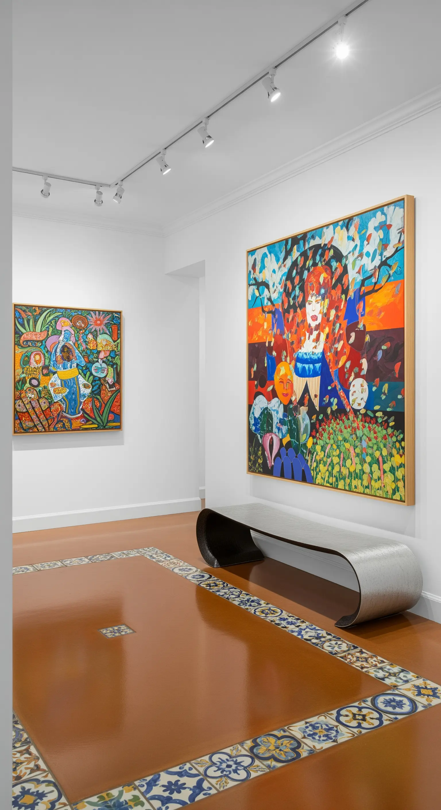 Pavimento in resina terracotta con una cornice perimetrale di maioliche decorate in una galleria d'arte.