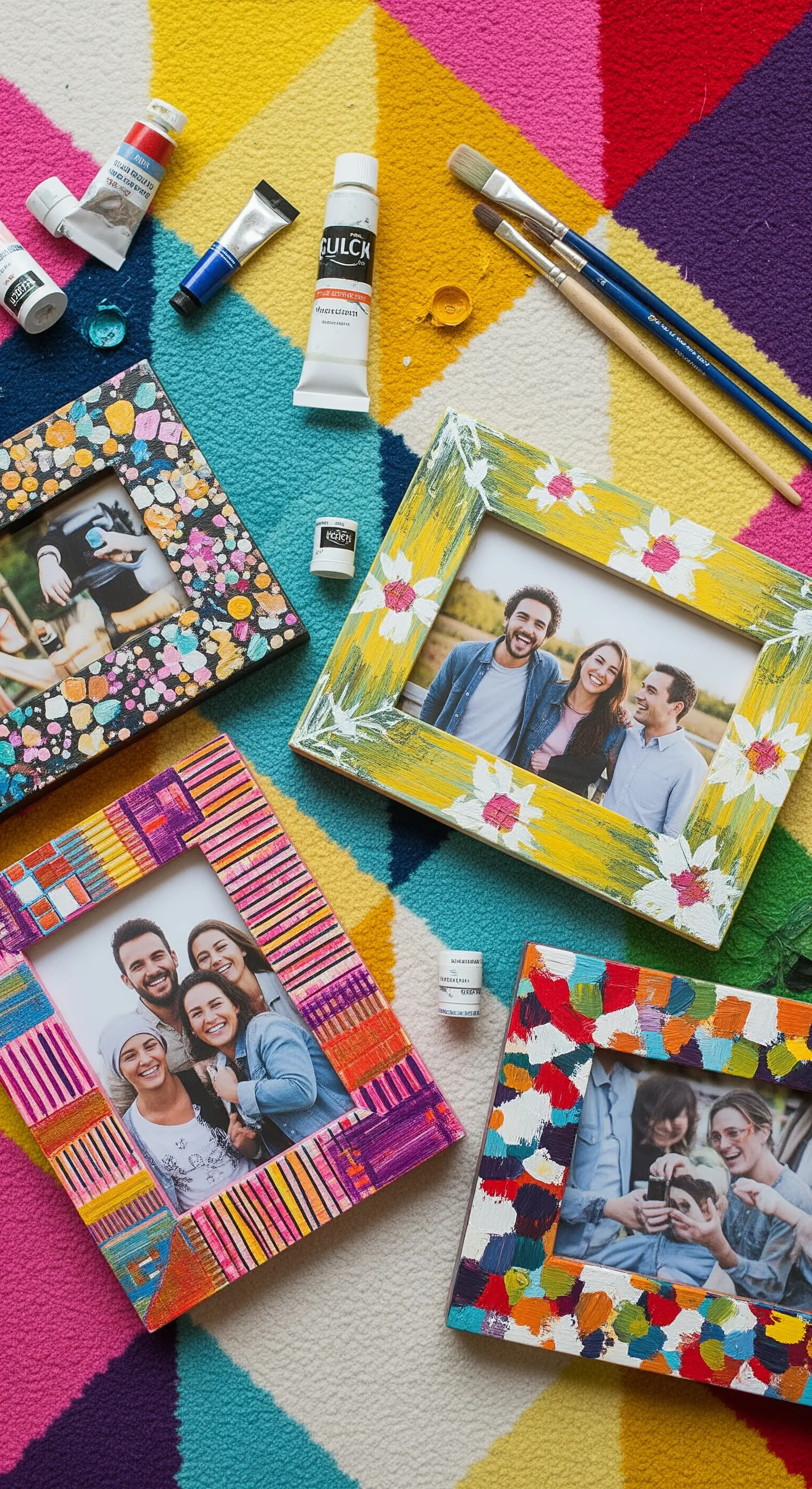 Cornici per foto in legno decorate a mano con colori vivaci, motivi astratti e floreali