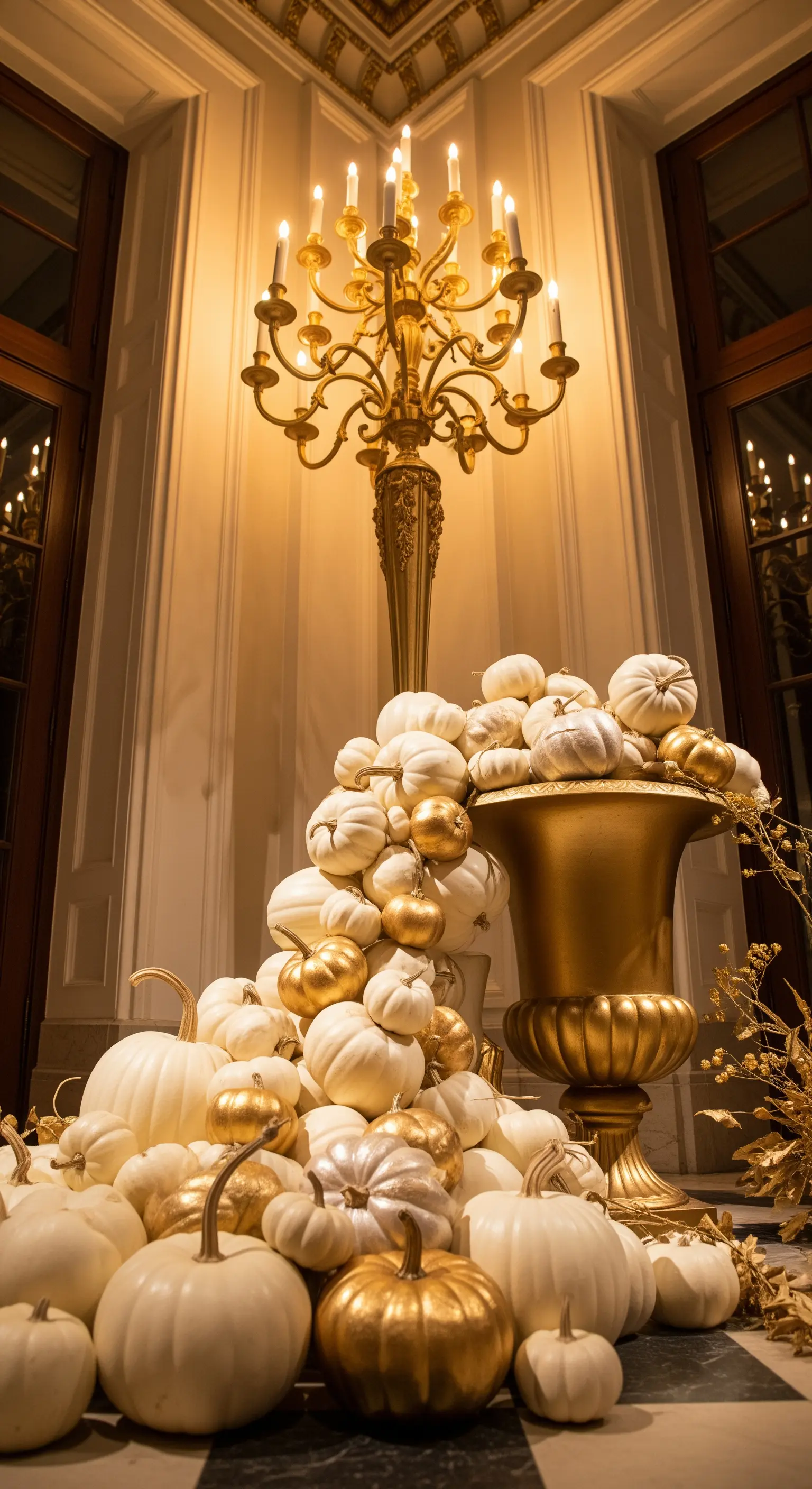 Ingresso scenografico con grande vaso dorato e cascata di zucche