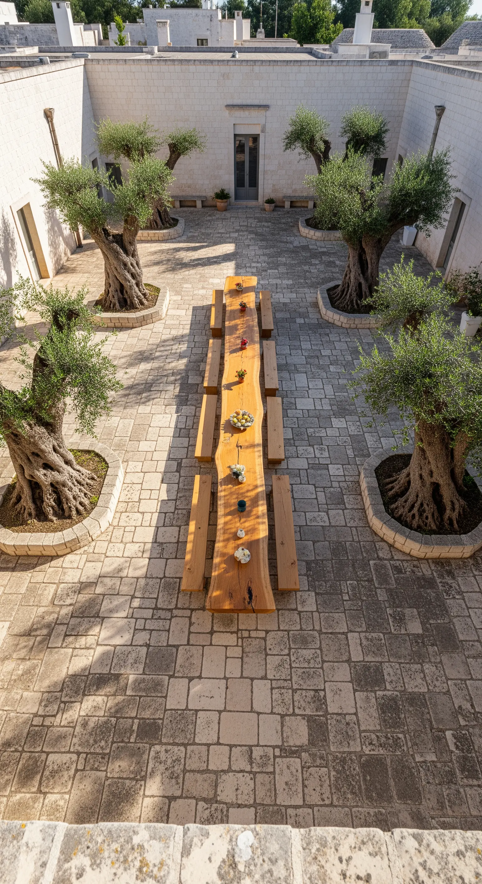 Grande cortile lastricato in pietra con ulivi secolari e un tavolo in legno molto lungo.