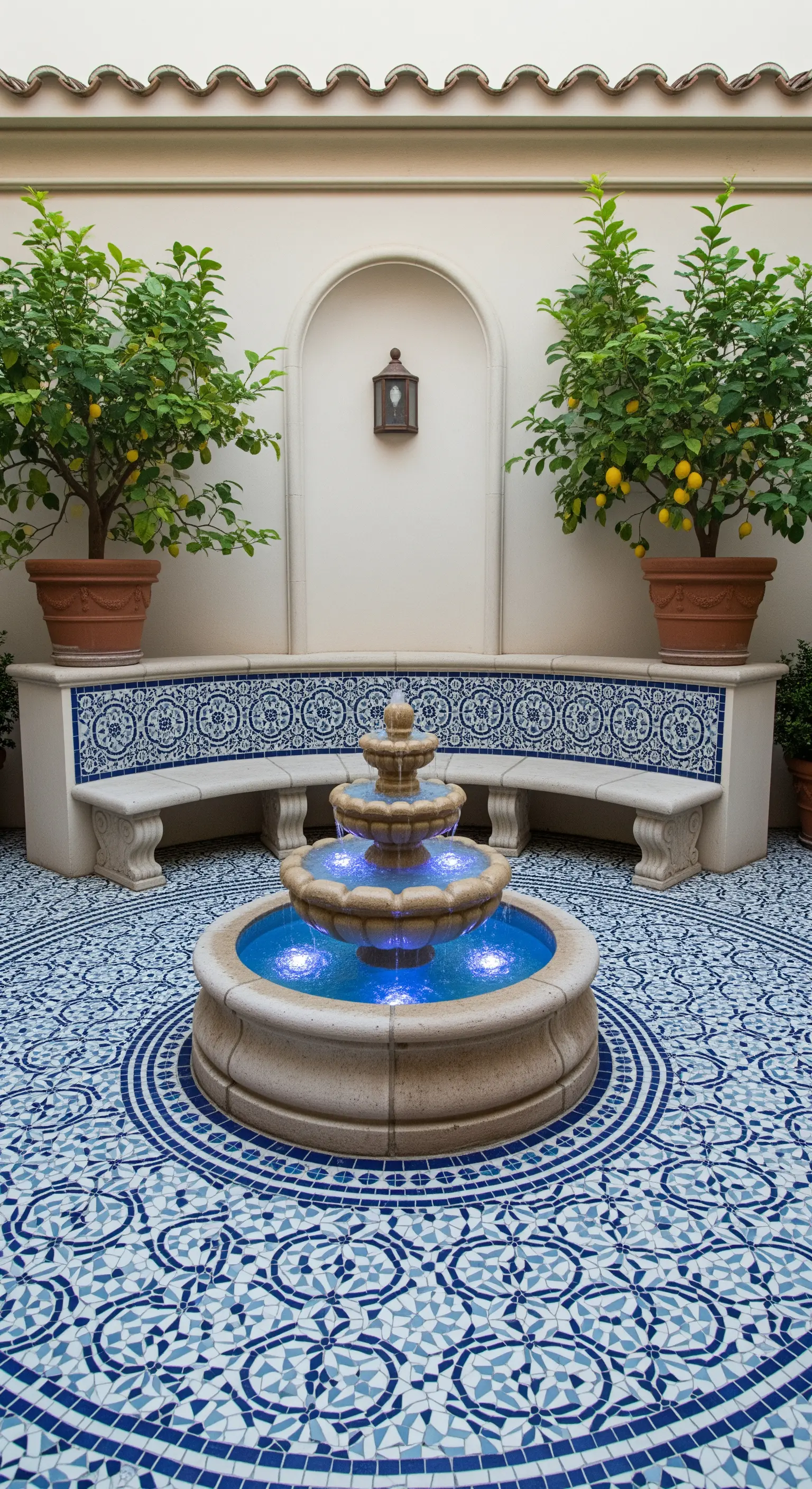 Cortile con pavimento e panche in maiolica blu e bianca, una fontana centrale e alberi di limone in vaso.