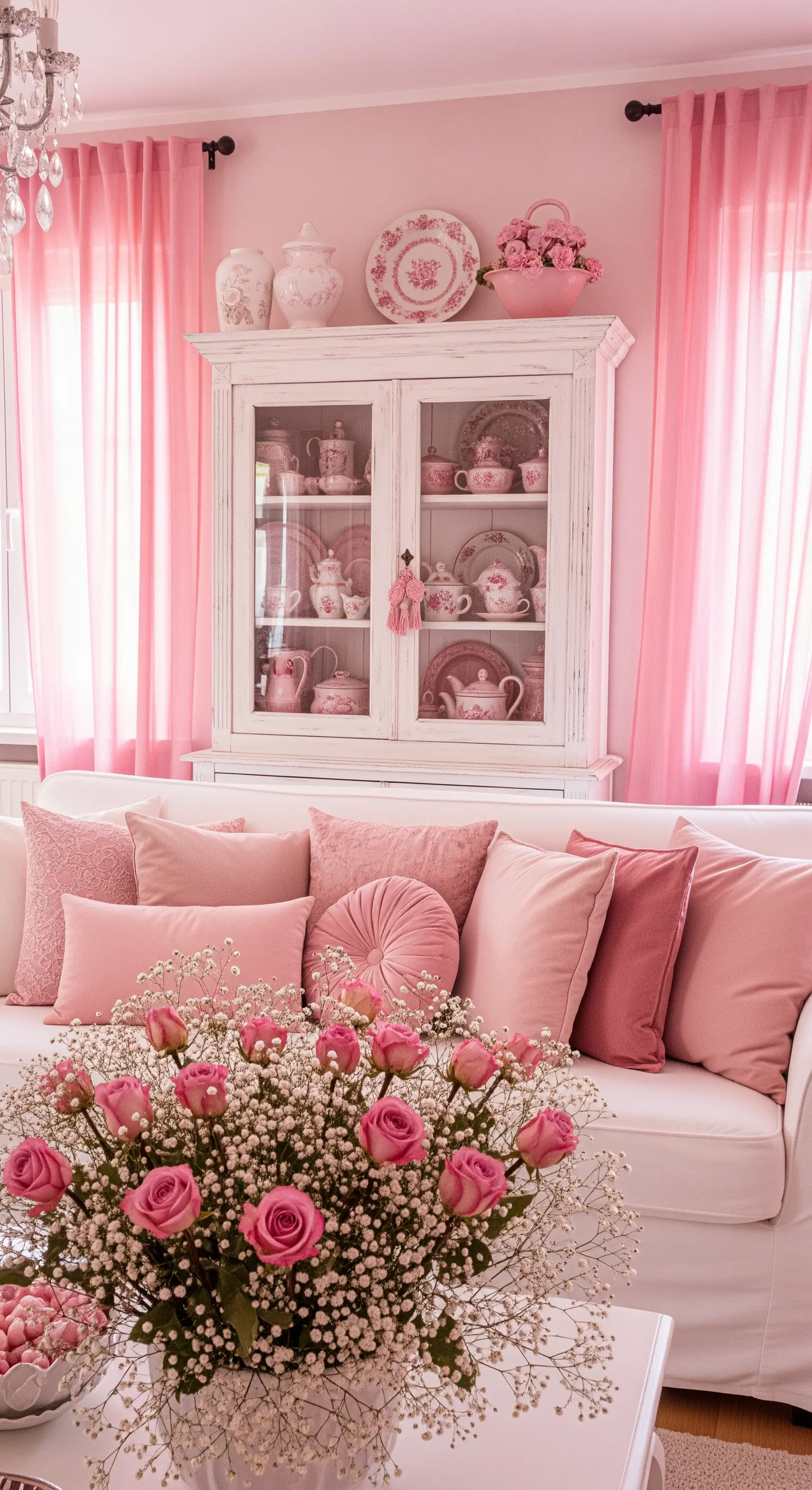 Credenza bianca con servizio da tè rosa in un soggiorno total pink.