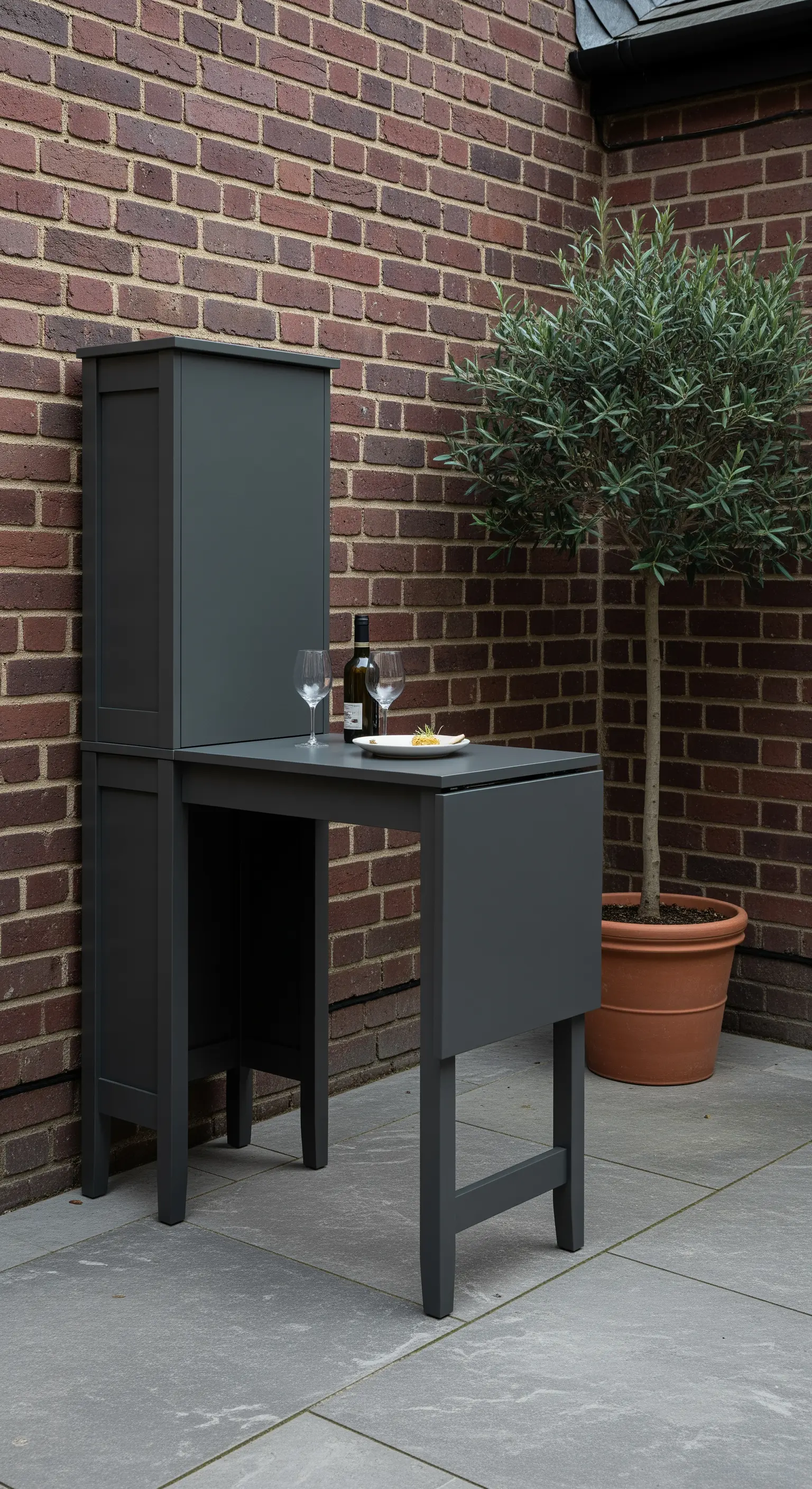 Mobile-credenza grigio scuro e sottile che si apre trasformandosi in un tavolo con gambe a ribalta.