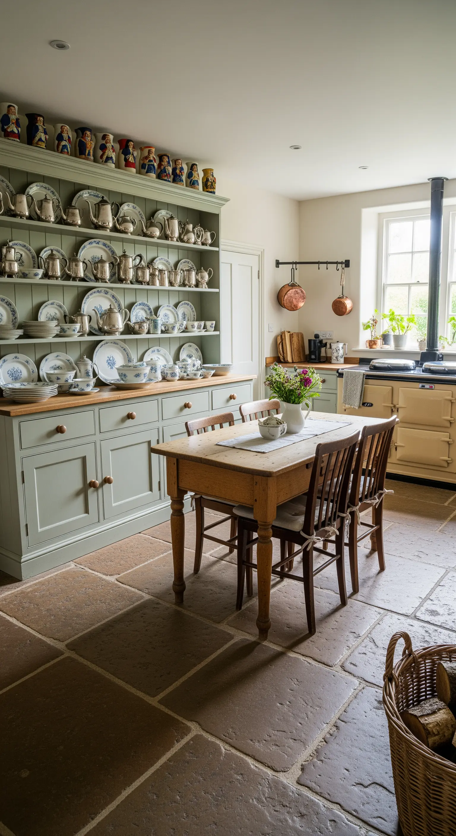 Grande credenza color salvia con un'ampia collezione di piatti bianchi e blu.