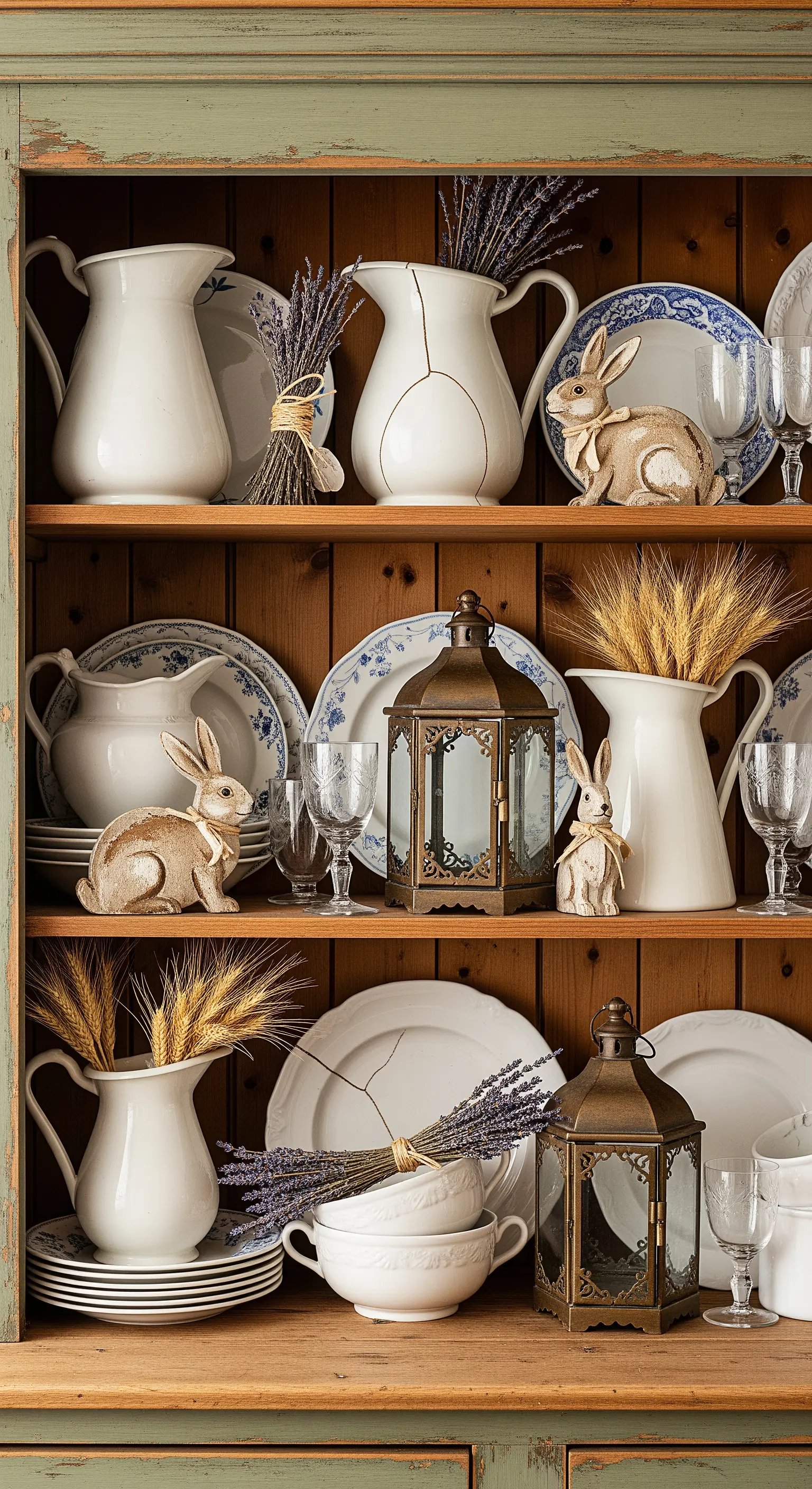 Credenza in legno con stoviglie bianche, lavanda, coniglietti e lanterne in stile rustico.