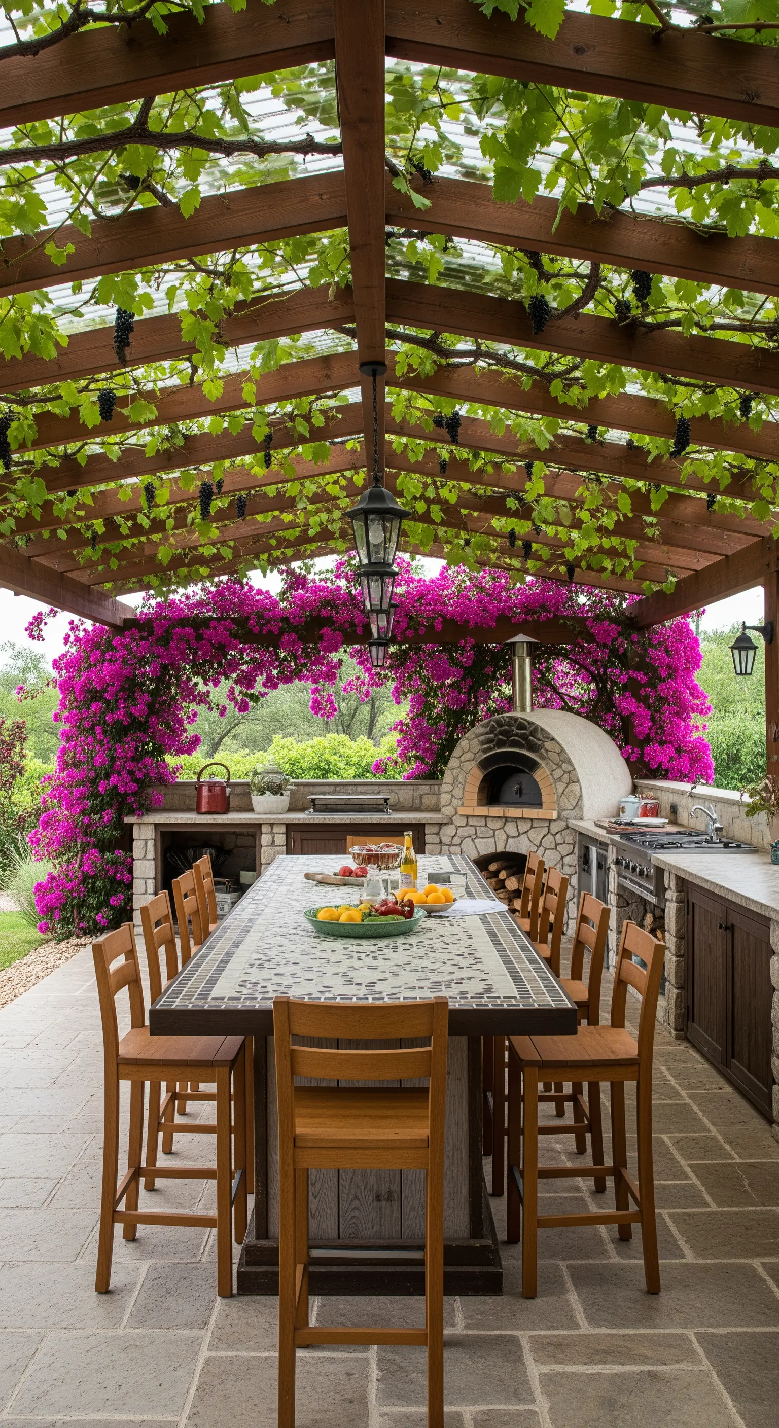 Cucina esterna con forno a legna, tavolo in mosaico e un arco di bouganville fucsia.