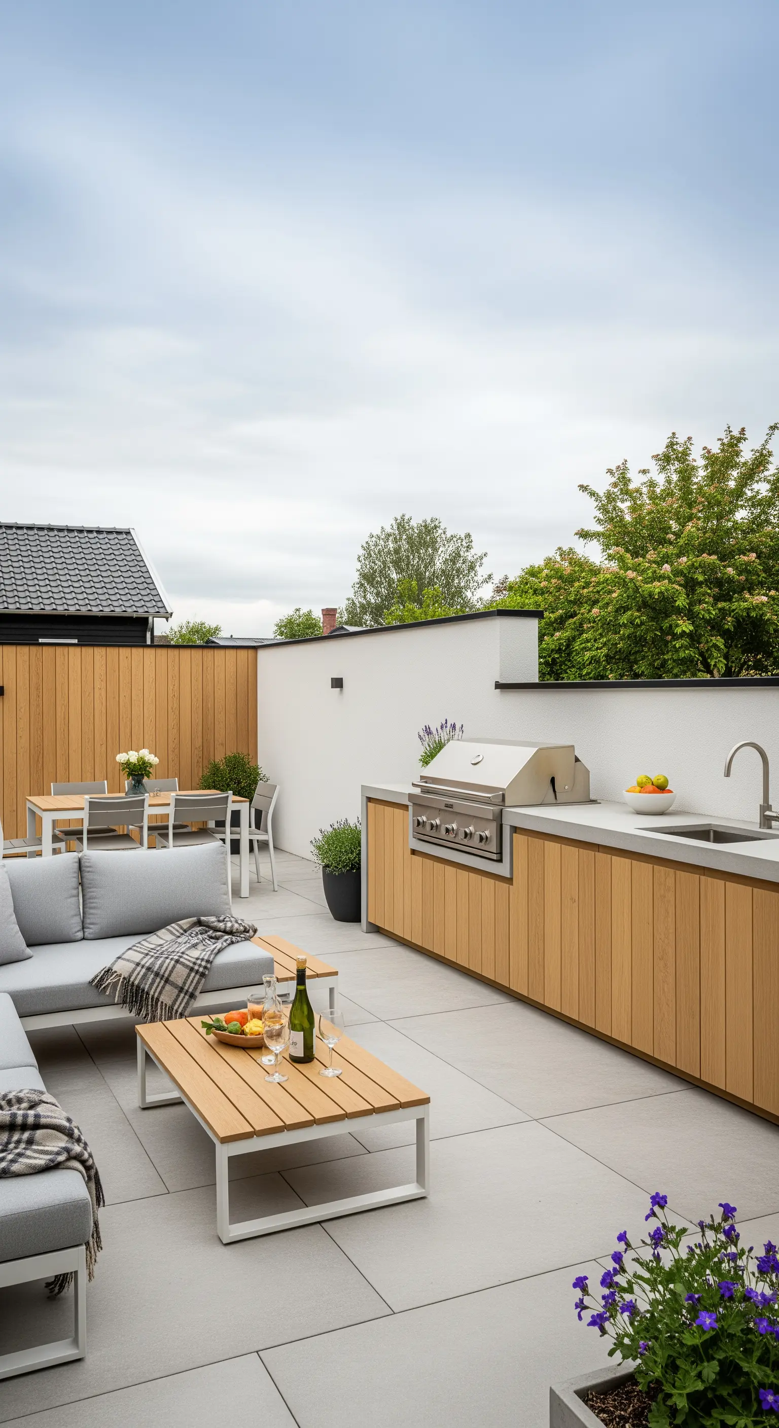Patio moderno con cucina esterna in legno, divano grigio e zona pranzo.