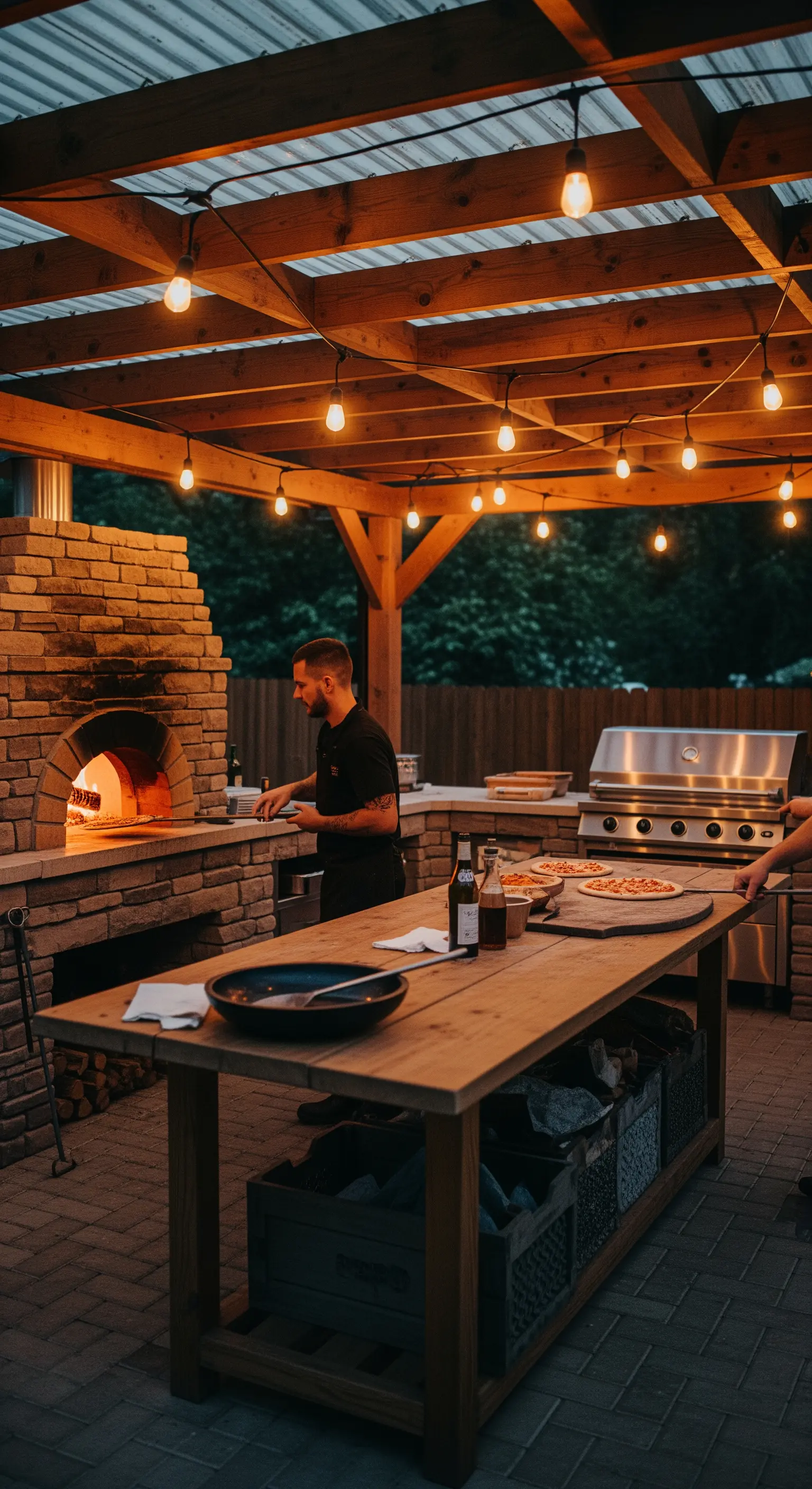 Cucina esterna sotto un pergolato con forno a legna in mattoni e tavolo da lavoro.