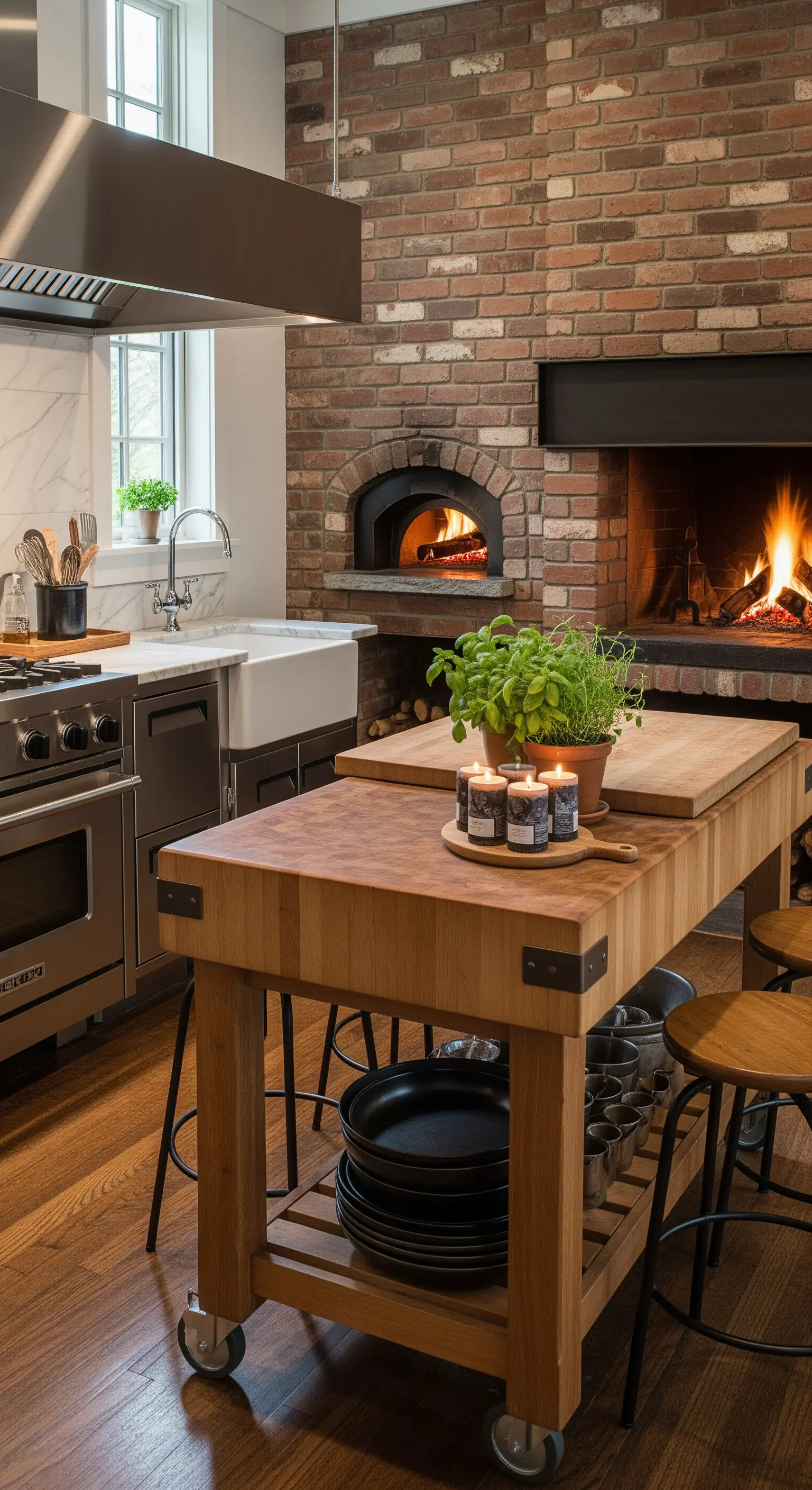 Cucina moderna con parete in mattoni che integra un camino e un forno per la pizza.