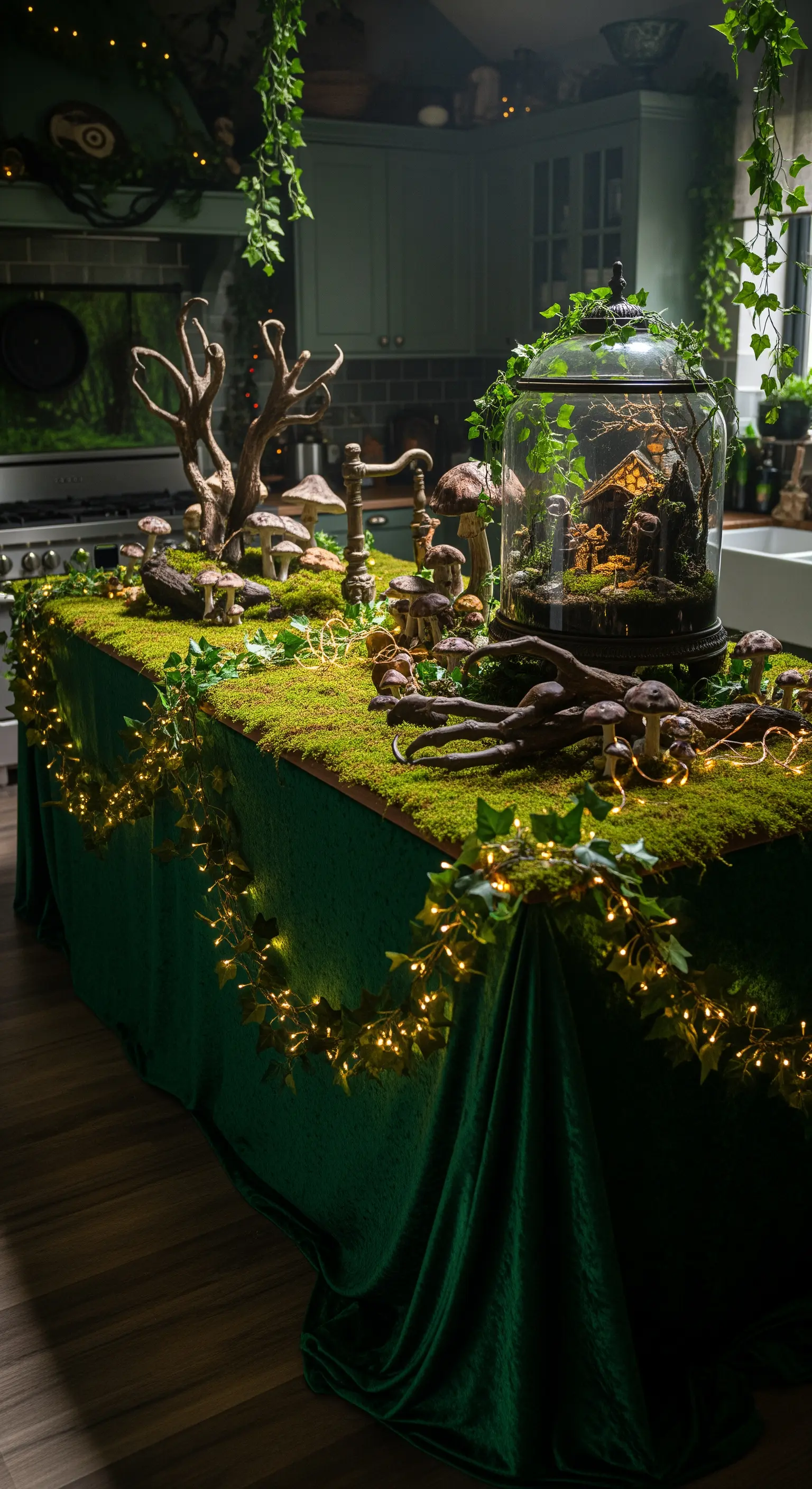 Isola della cucina decorata come una foresta incantata con muschio, funghi e un terrario.