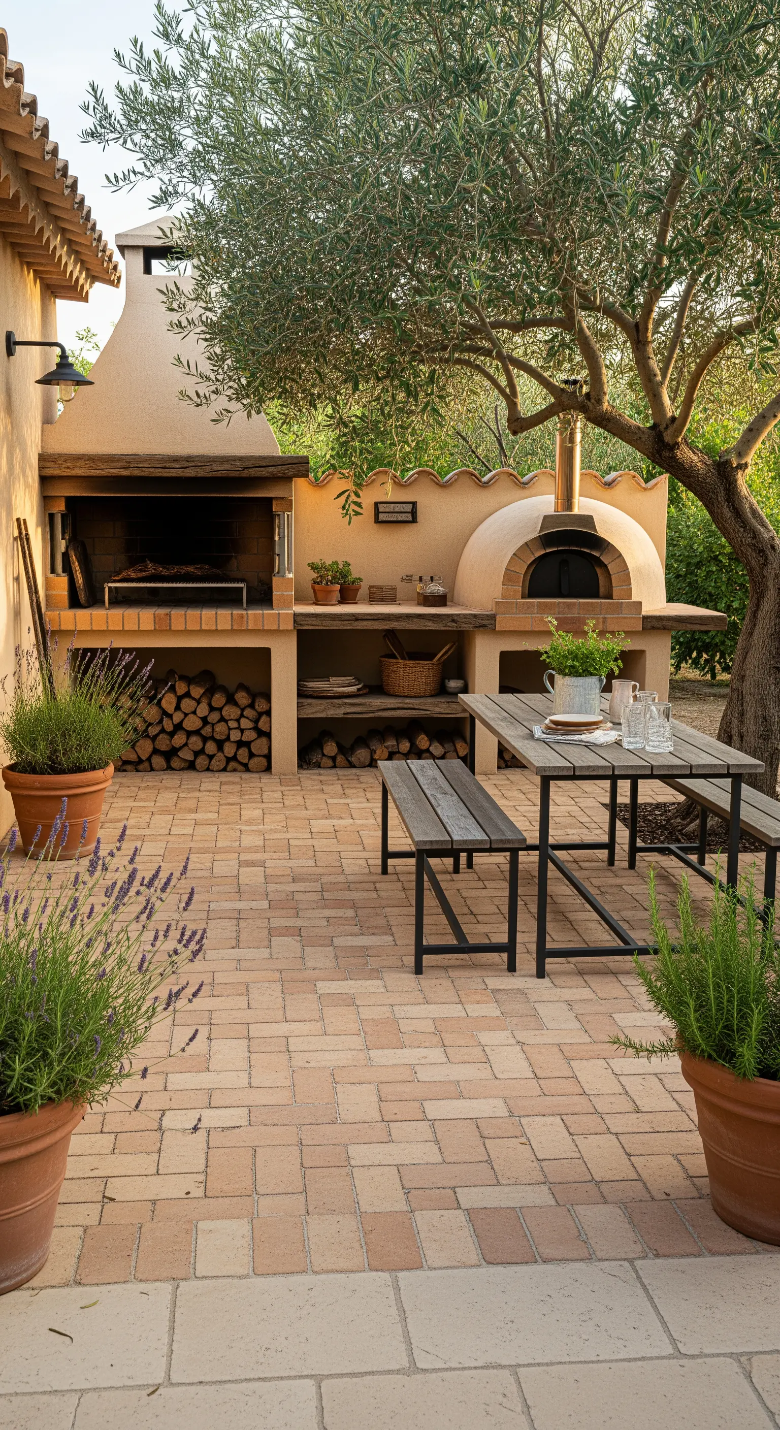 Angolo cucina esterno con forno a legna, barbecue e tavolo da picnic in legno.