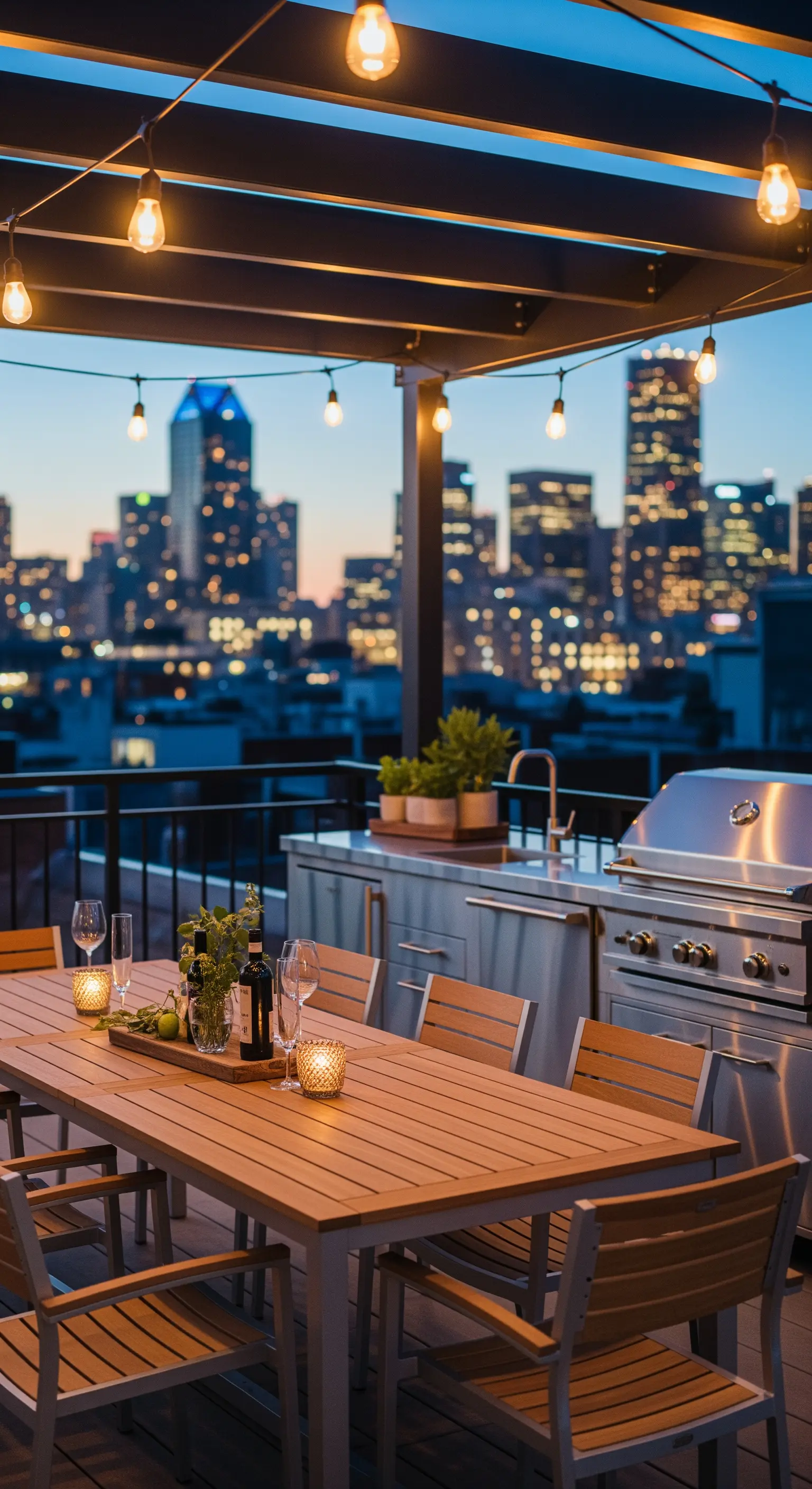 Cucina esterna su un terrazzo con vista sulla città, illuminata da luci a stringa sotto una pergola.