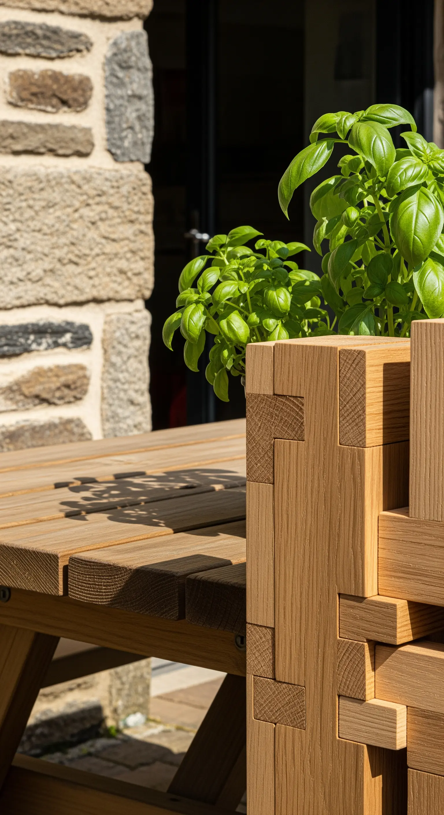 Dettaglio di una fioriera in legno con incastri a coda di rondine.