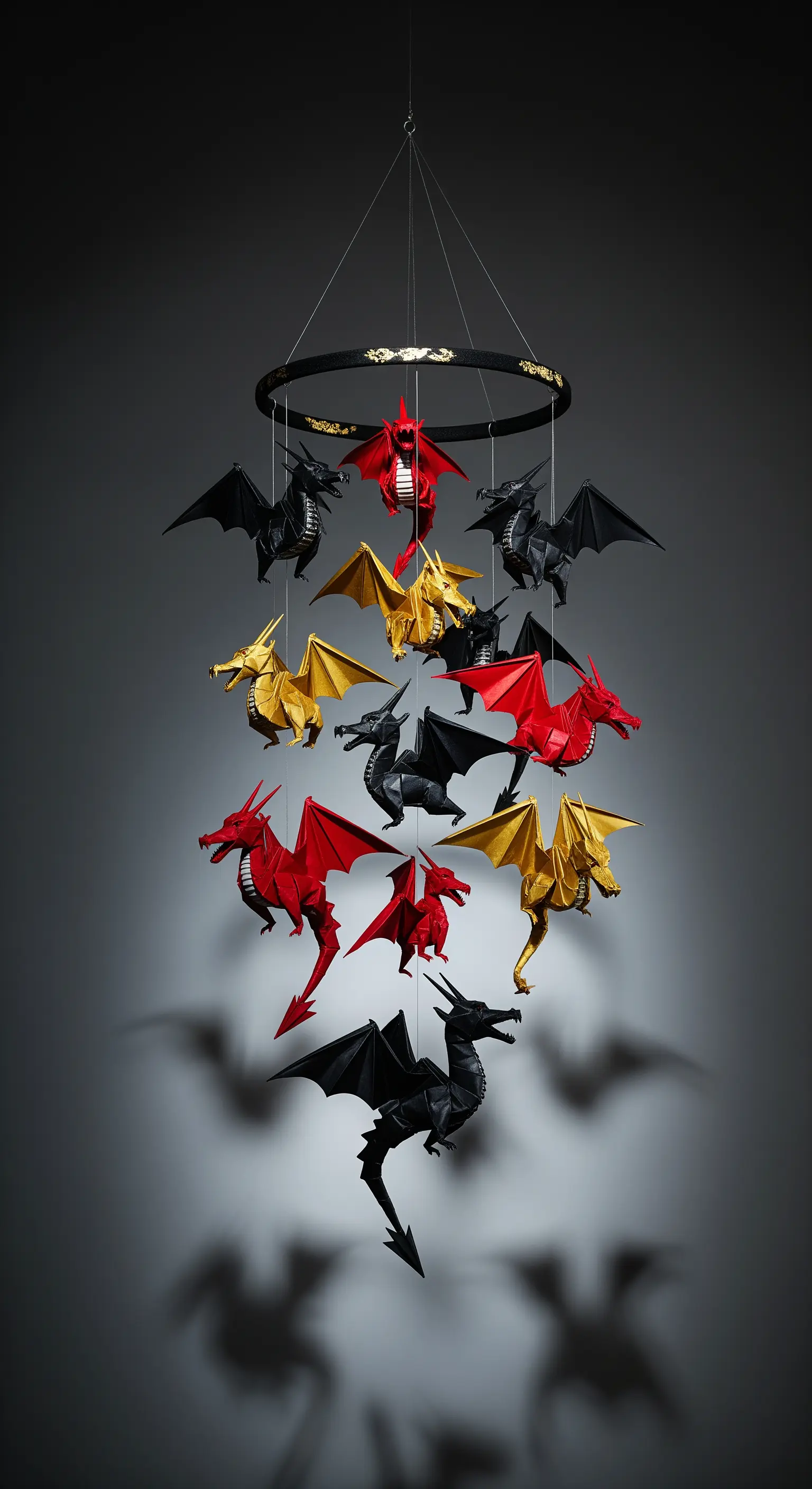 Mobile complesso con draghi di origami neri, rossi e dorati su sfondo scuro.