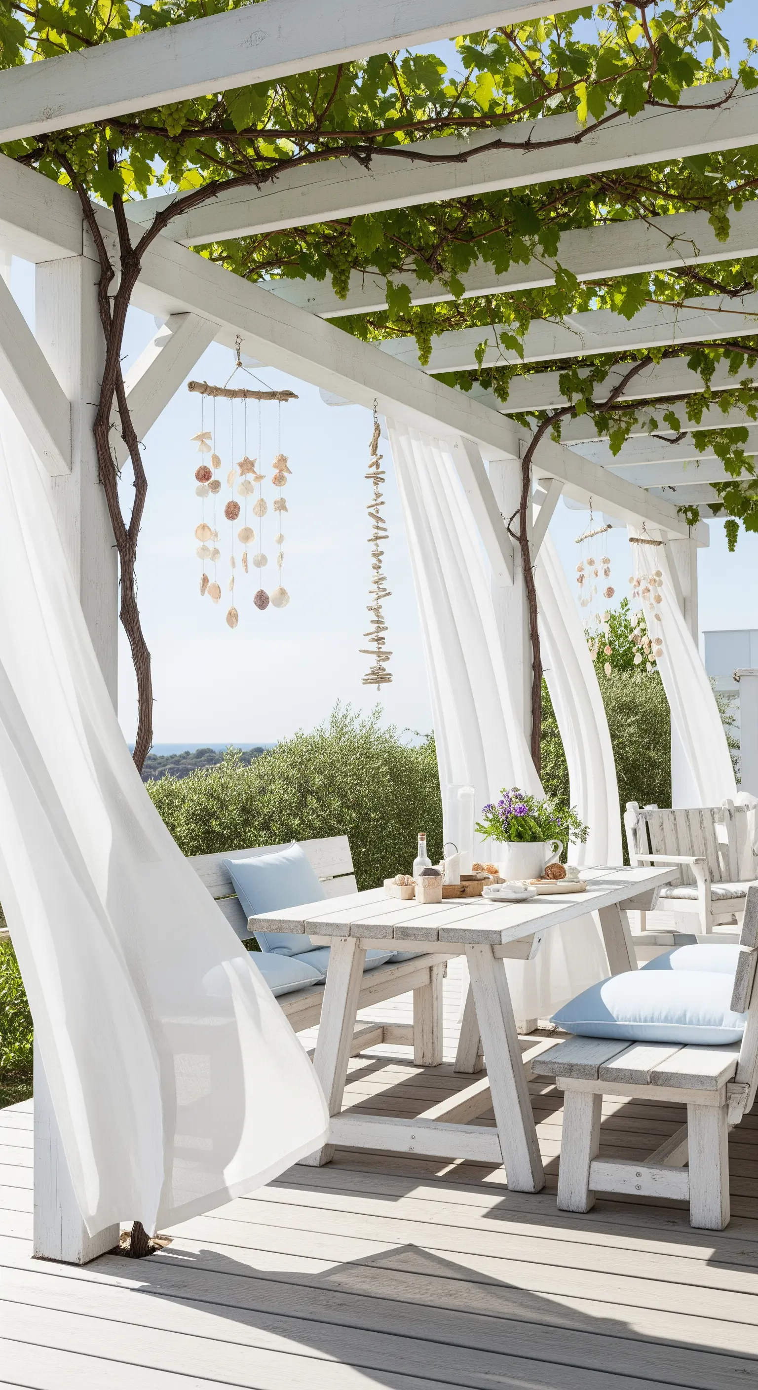 Pergolato bianco con tende leggere al vento, tavolo e panche bianche e decorazioni di conchiglie