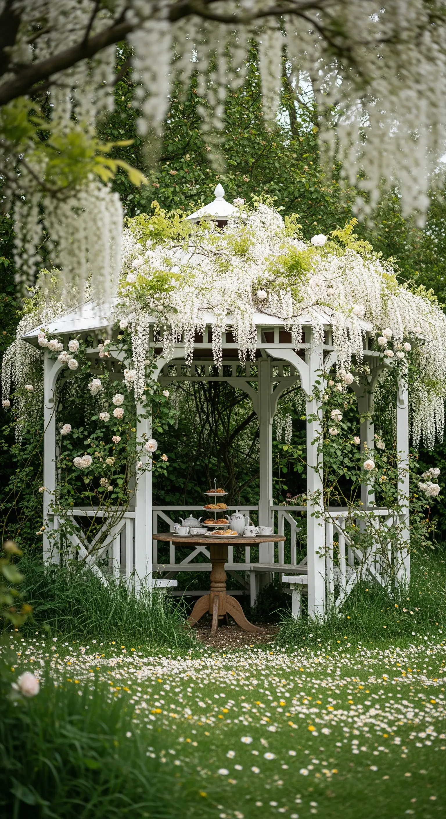 Gazebo bianco sommerso da cascate di glicine bianco e circondato da un prato di margherite.