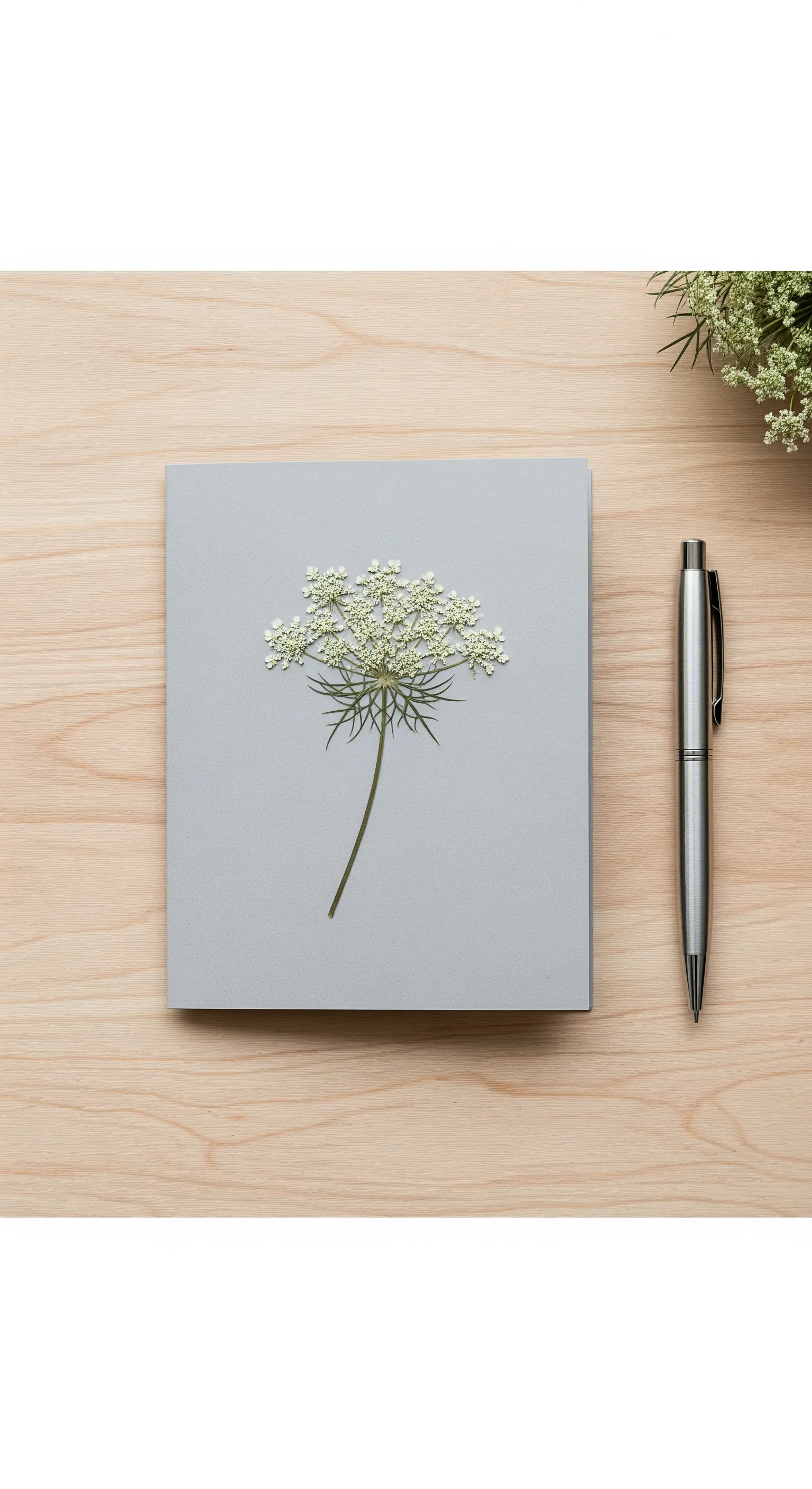 Biglietto grigio con un vero fiore bianco pressato applicato al centro.