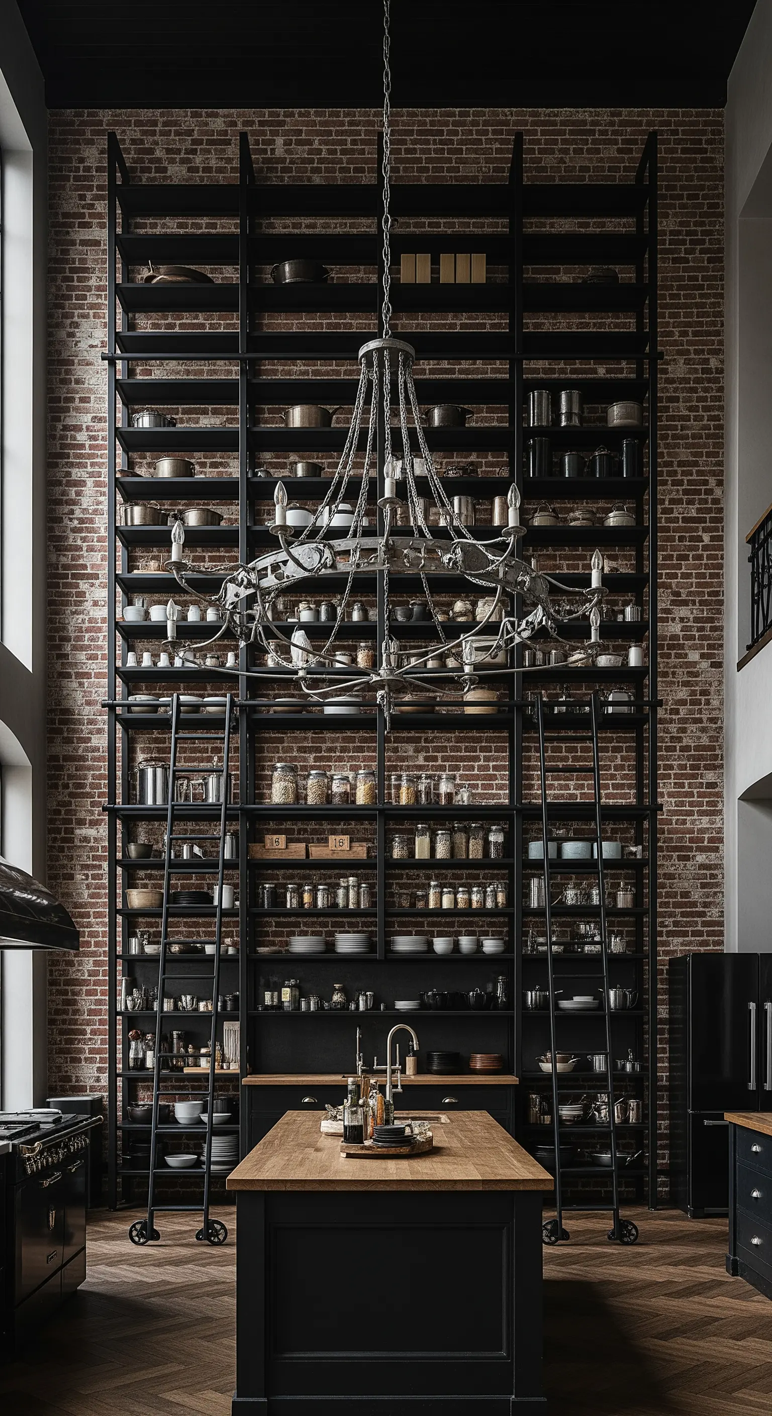 Cucina con un'immensa scaffalatura nera a tutta altezza e una scala scorrevole.